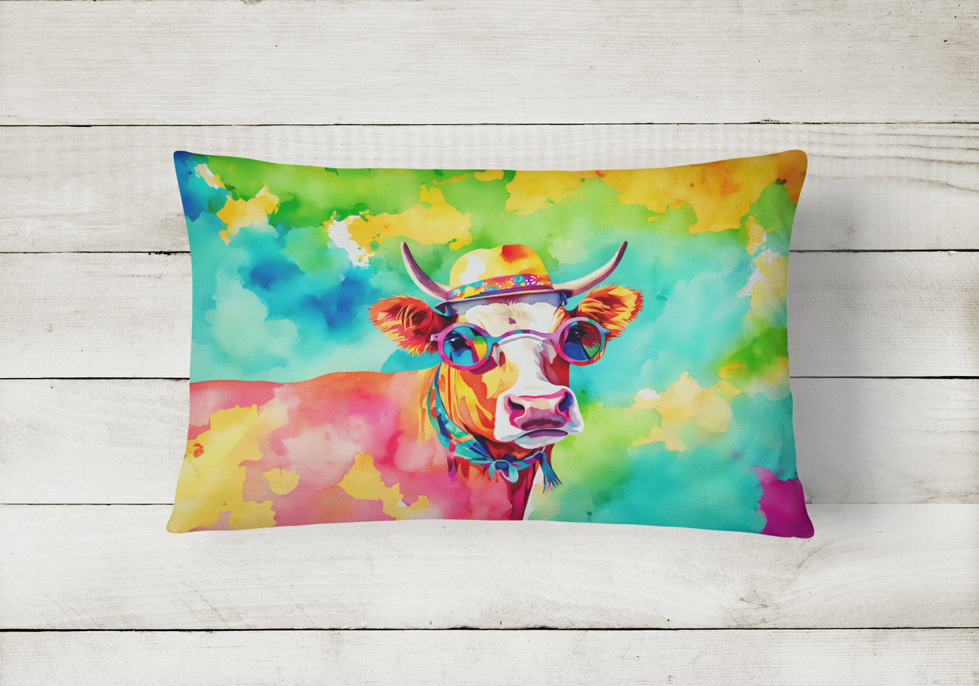 Hippie Animal Malvi Cow Decorative Throw Pillow 12x16 Indoor Outdoor Accent Cushion, Fabric Cover with Insert for Sofa, Bed, Porch & Living Room