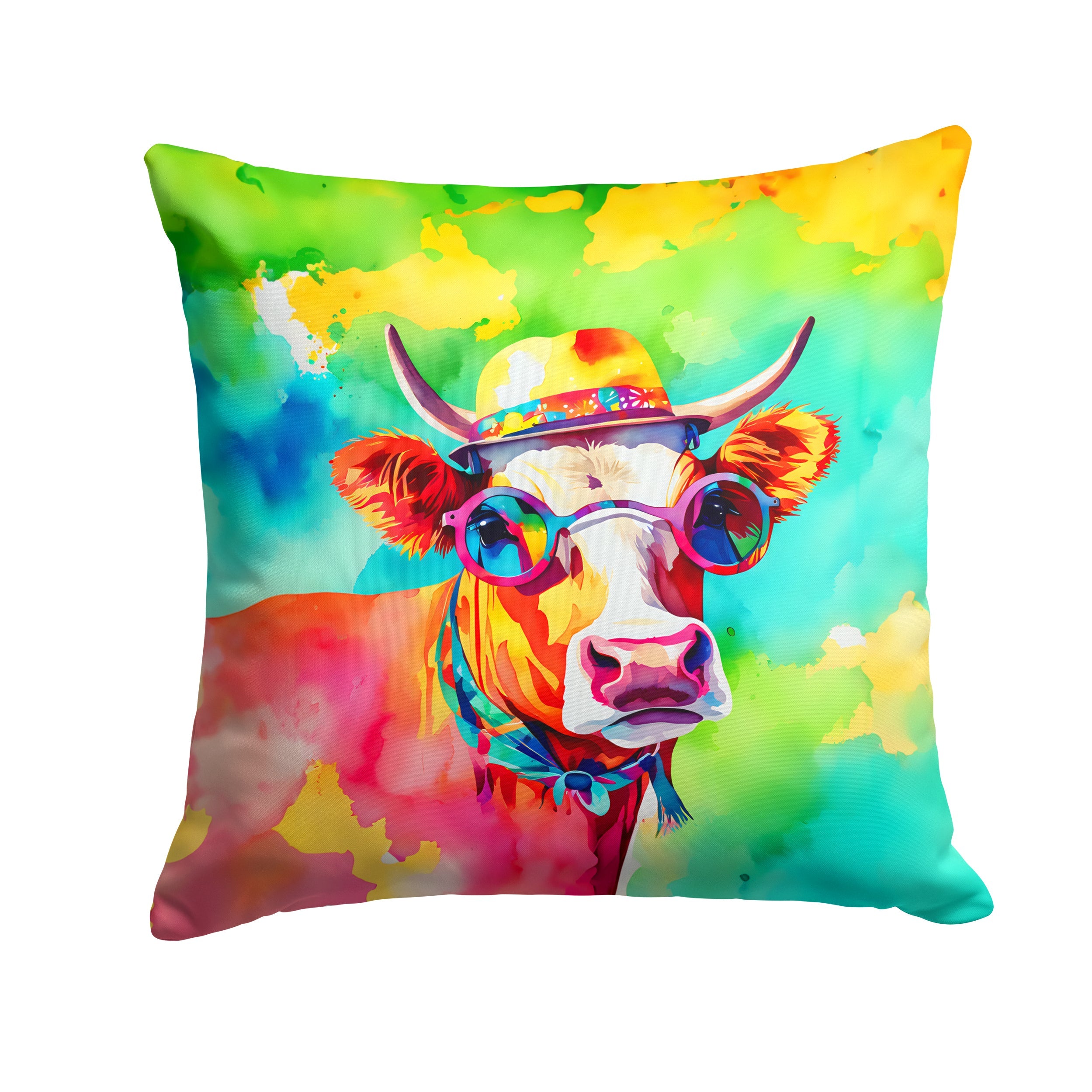 Hippie Animal Malvi Cow Decorative Throw Pillow 14x14 Indoor Outdoor Accent Cushion, Fabric Cover with Insert for Sofa, Bed, Porch & Living Room