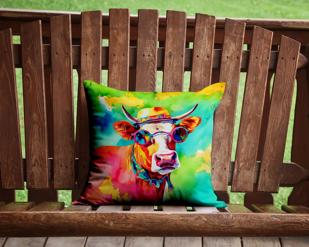 Hippie Animal Malvi Cow Decorative Throw Pillow 14x14 Indoor Outdoor Accent Cushion, Fabric Cover with Insert for Sofa, Bed, Porch & Living Room