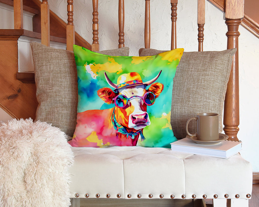 Hippie Animal Malvi Cow Decorative Throw Pillow 14x14 Indoor Outdoor Accent Cushion, Fabric Cover with Insert for Sofa, Bed, Porch & Living Room