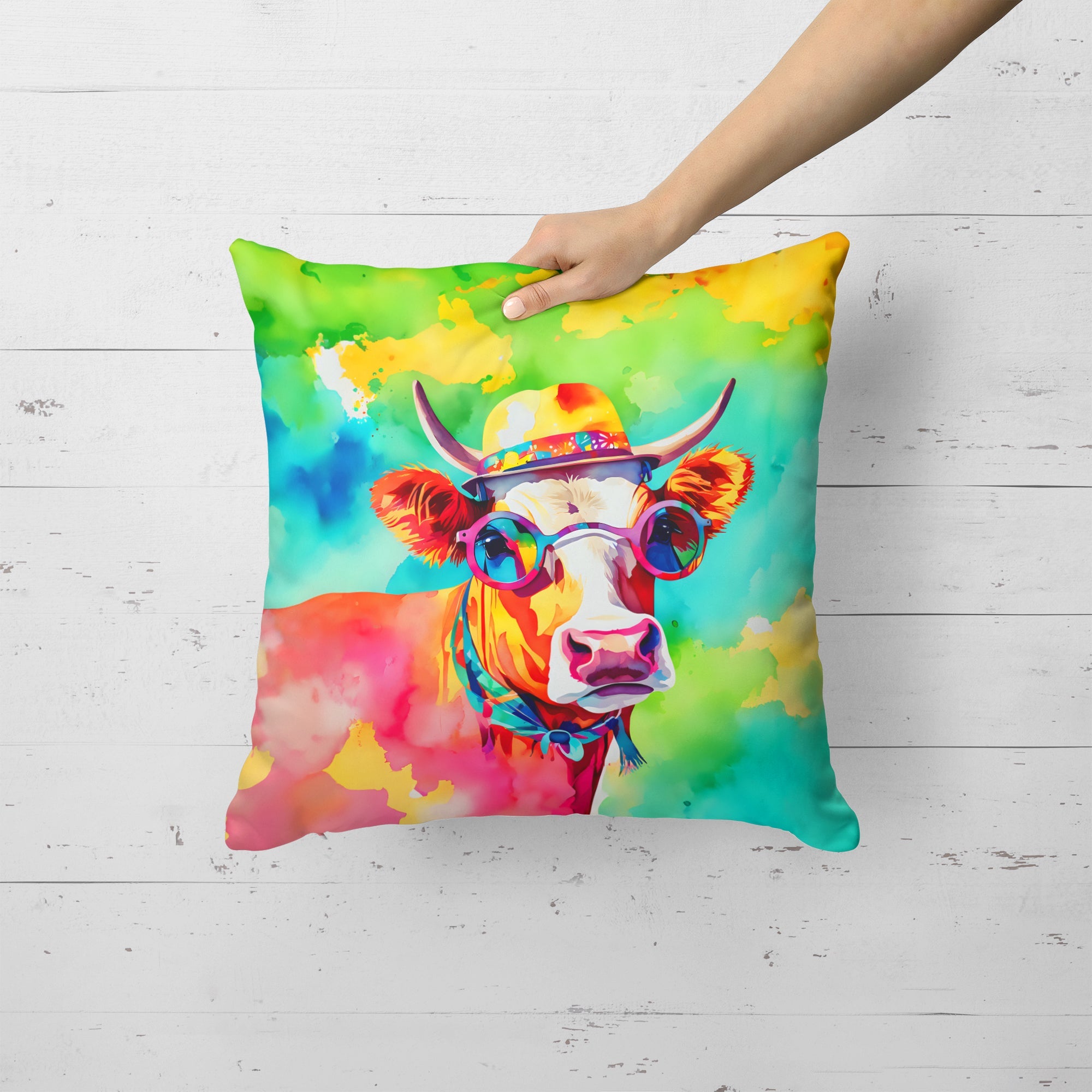 Hippie Animal Malvi Cow Decorative Throw Pillow 18x18 Indoor Outdoor Accent Cushion, Fabric Cover with Insert for Sofa, Bed, Porch & Living Room