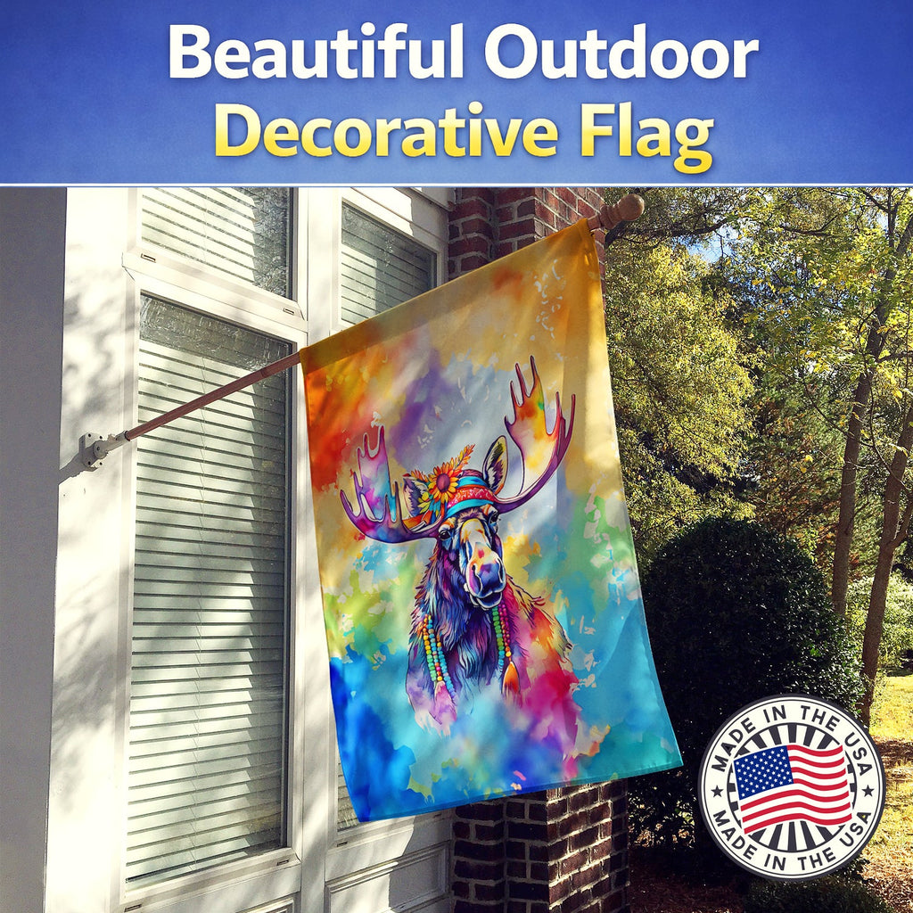 Hippie Animal Moose House Flag 28x40 Porch Sleeve Pole Decorative Outside Yard Banner Artwork Wall Hanging, Polyester