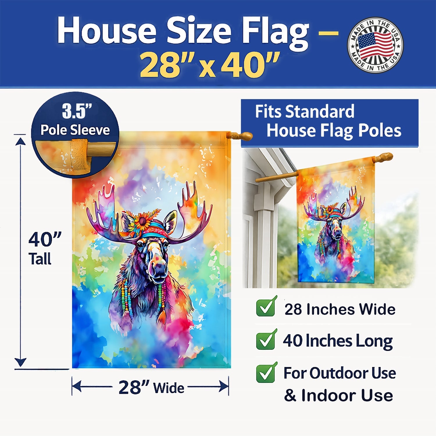Hippie Animal Moose House Flag 28x40 Porch Sleeve Pole Decorative Outside Yard Banner Artwork Wall Hanging, Polyester