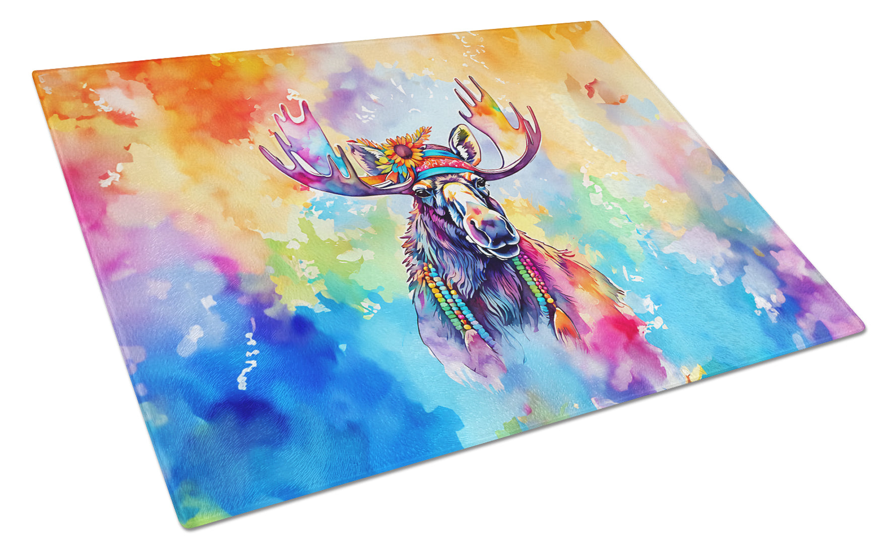 Hippie Animal Moose Cutting Board Tempered Glass Kitchen Cutting Surface, Heat Resistant Chopping, Non-Slip Feet, Food Prep & Serving