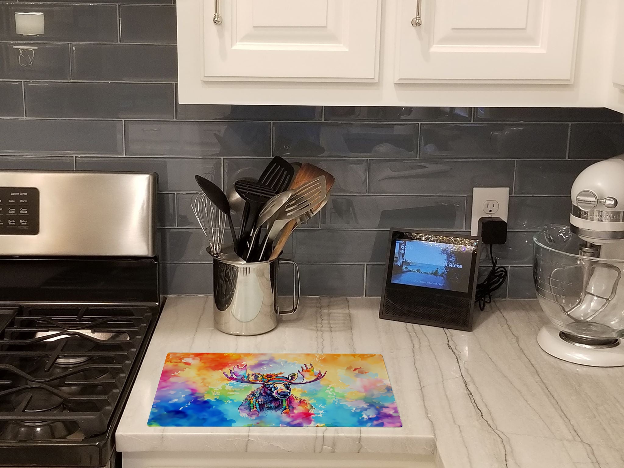 Hippie Animal Moose Cutting Board Tempered Glass Kitchen Cutting Surface, Heat Resistant Chopping, Non-Slip Feet, Food Prep & Serving