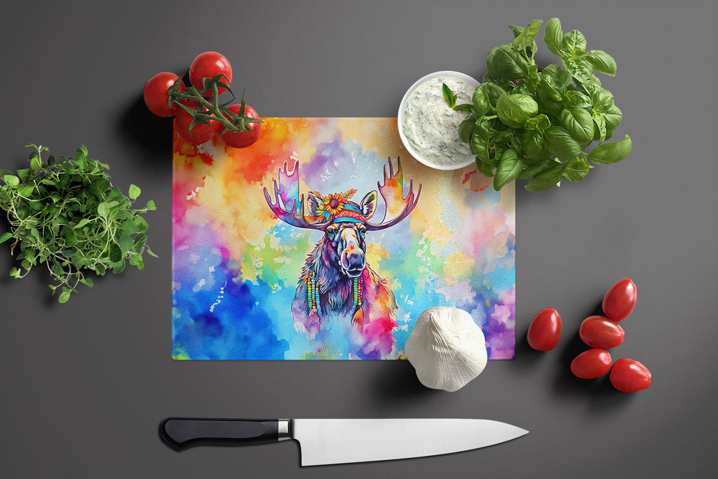 Hippie Animal Moose Cutting Board Tempered Glass Kitchen Cutting Surface, Heat Resistant Chopping, Non-Slip Feet, Food Prep & Serving