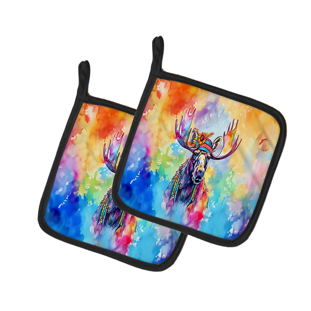 Hippie Animal Moose Pot Holder Set of 2 Heat Resistant Quilted Hot Pads 7.5 x 7.5 Inch, Insulated Kitchen Trivets for Cooking & Baking