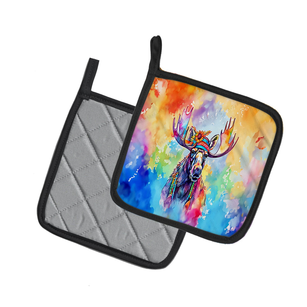 Hippie Animal Moose Pot Holder Set of 2 Heat Resistant Quilted Hot Pads 7.5 x 7.5 Inch, Insulated Kitchen Trivets for Cooking & Baking