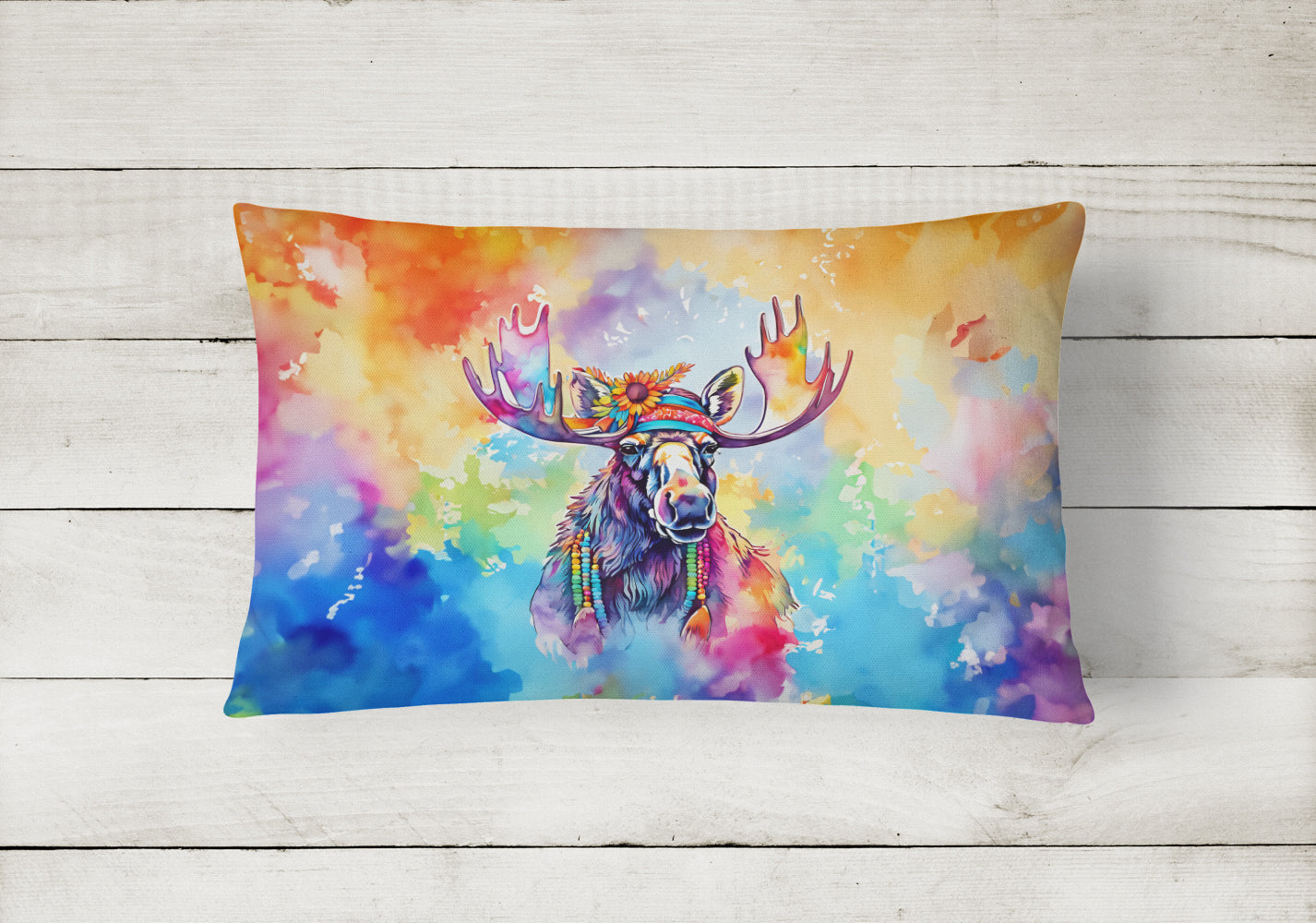 Hippie Animal Moose Decorative Throw Pillow 12x16 Indoor Outdoor Accent Cushion, Fabric Cover with Insert for Sofa, Bed, Porch & Living Room