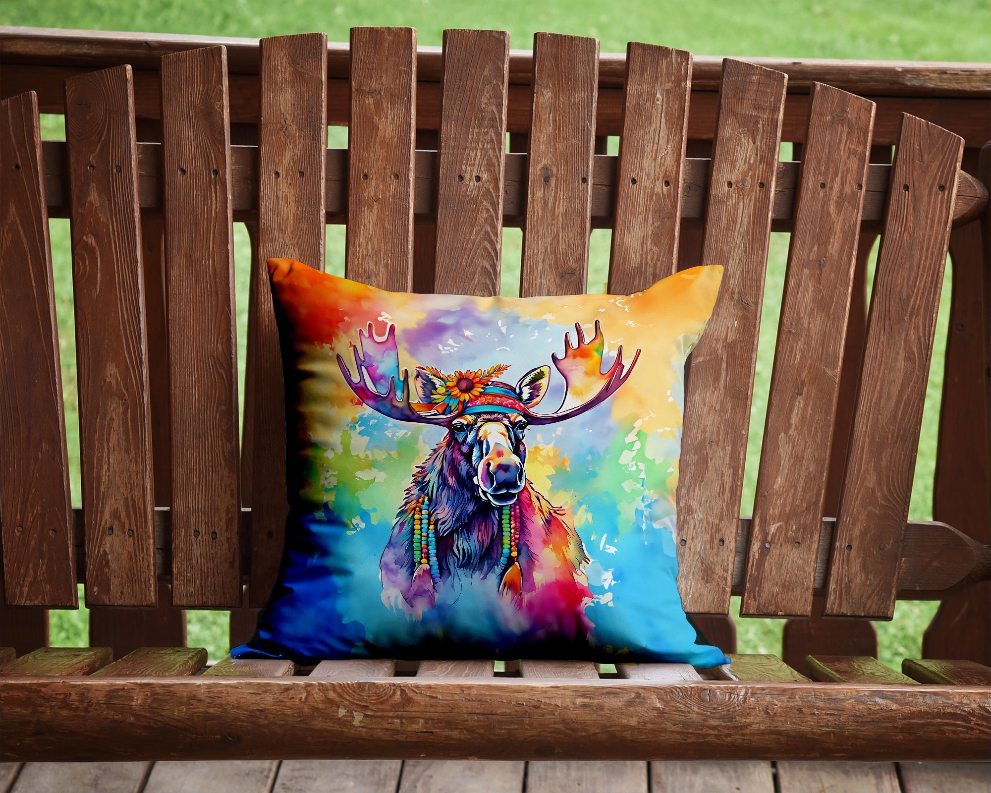 Hippie Animal Moose Decorative Throw Pillow 14x14 Indoor Outdoor Accent Cushion, Fabric Cover with Insert for Sofa, Bed, Porch & Living Room