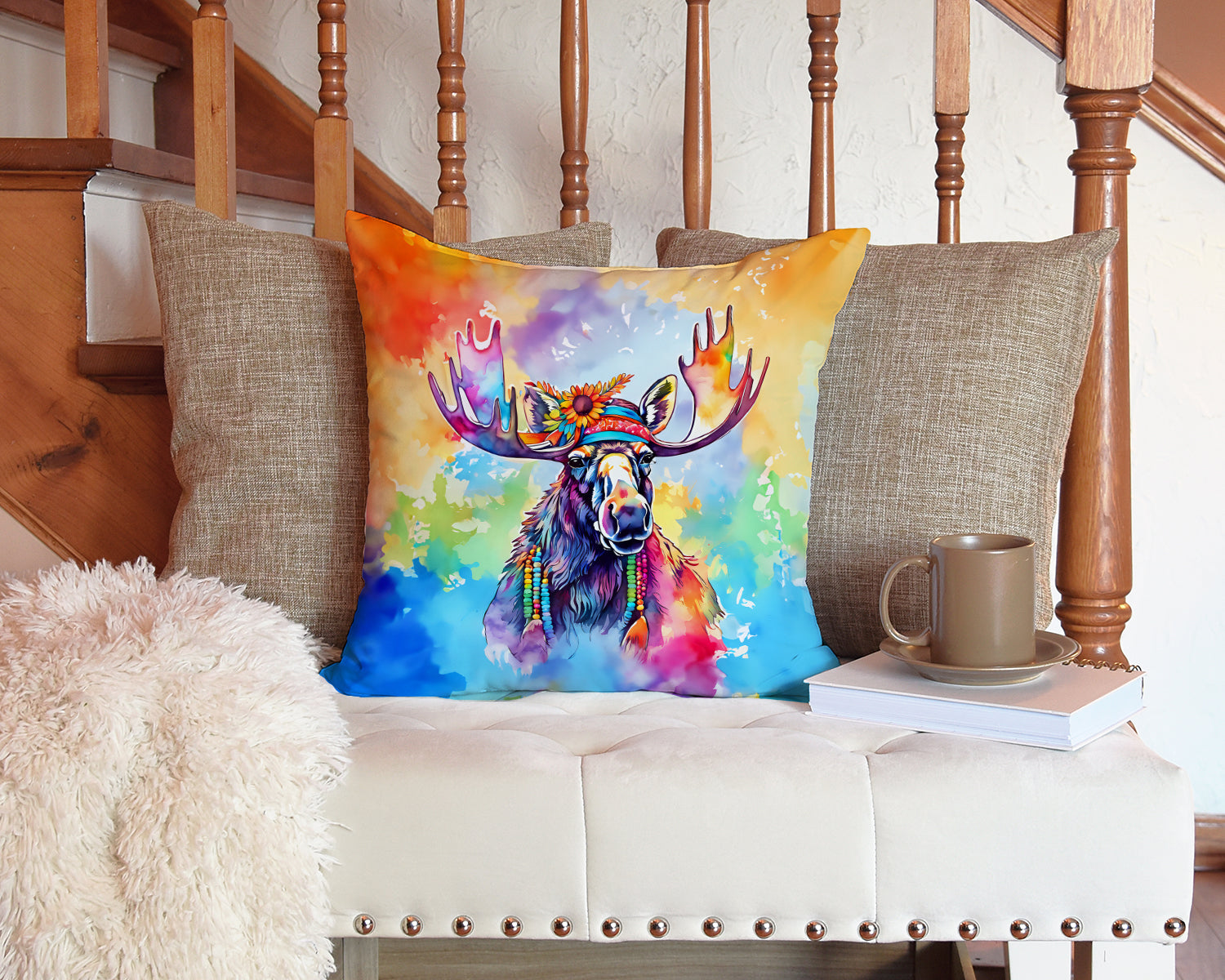 Hippie Animal Moose Decorative Throw Pillow 14x14 Indoor Outdoor Accent Cushion, Fabric Cover with Insert for Sofa, Bed, Porch & Living Room