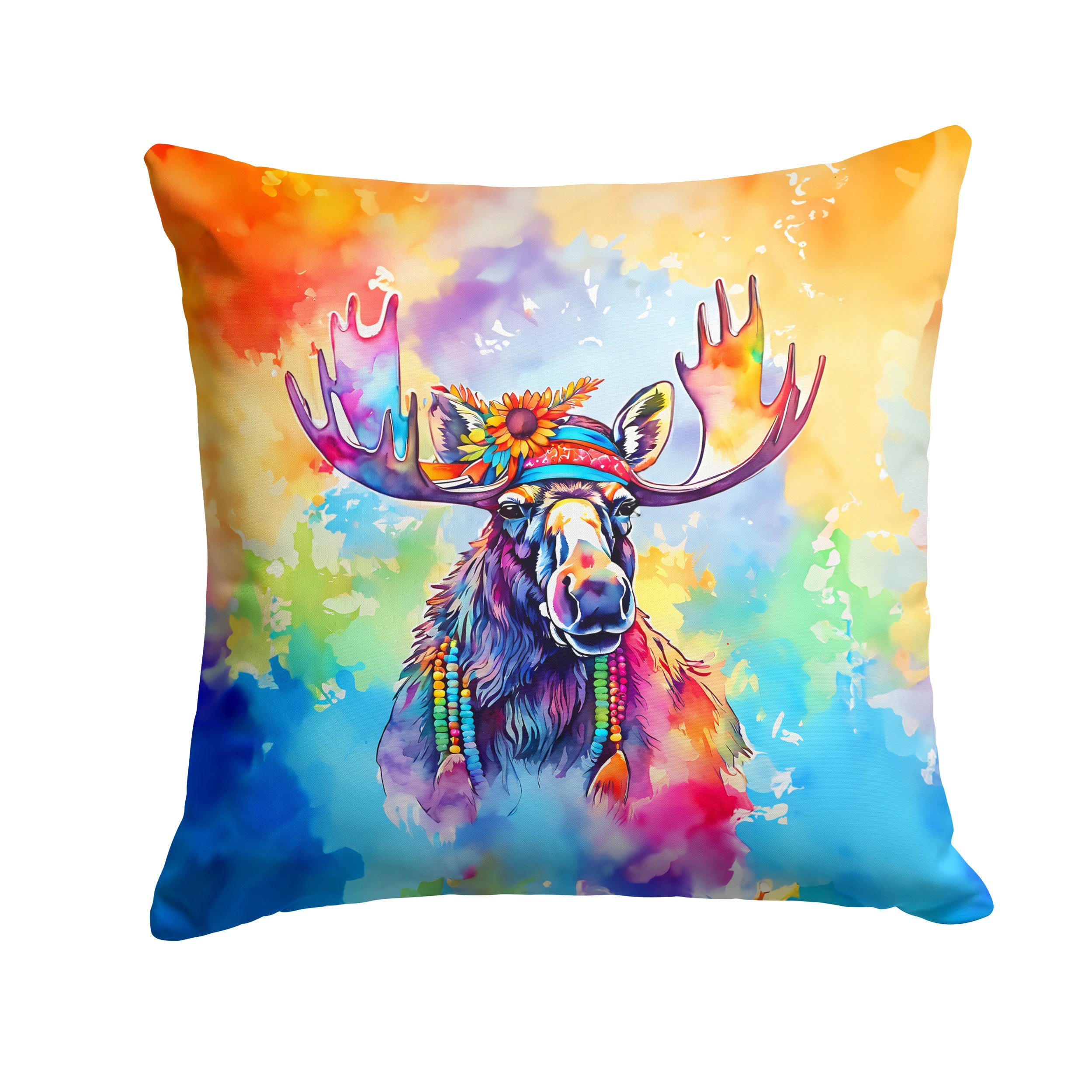 Hippie Animal Moose Decorative Throw Pillow 18x18 Indoor Outdoor Accent Cushion, Fabric Cover with Insert for Sofa, Bed, Porch & Living Room