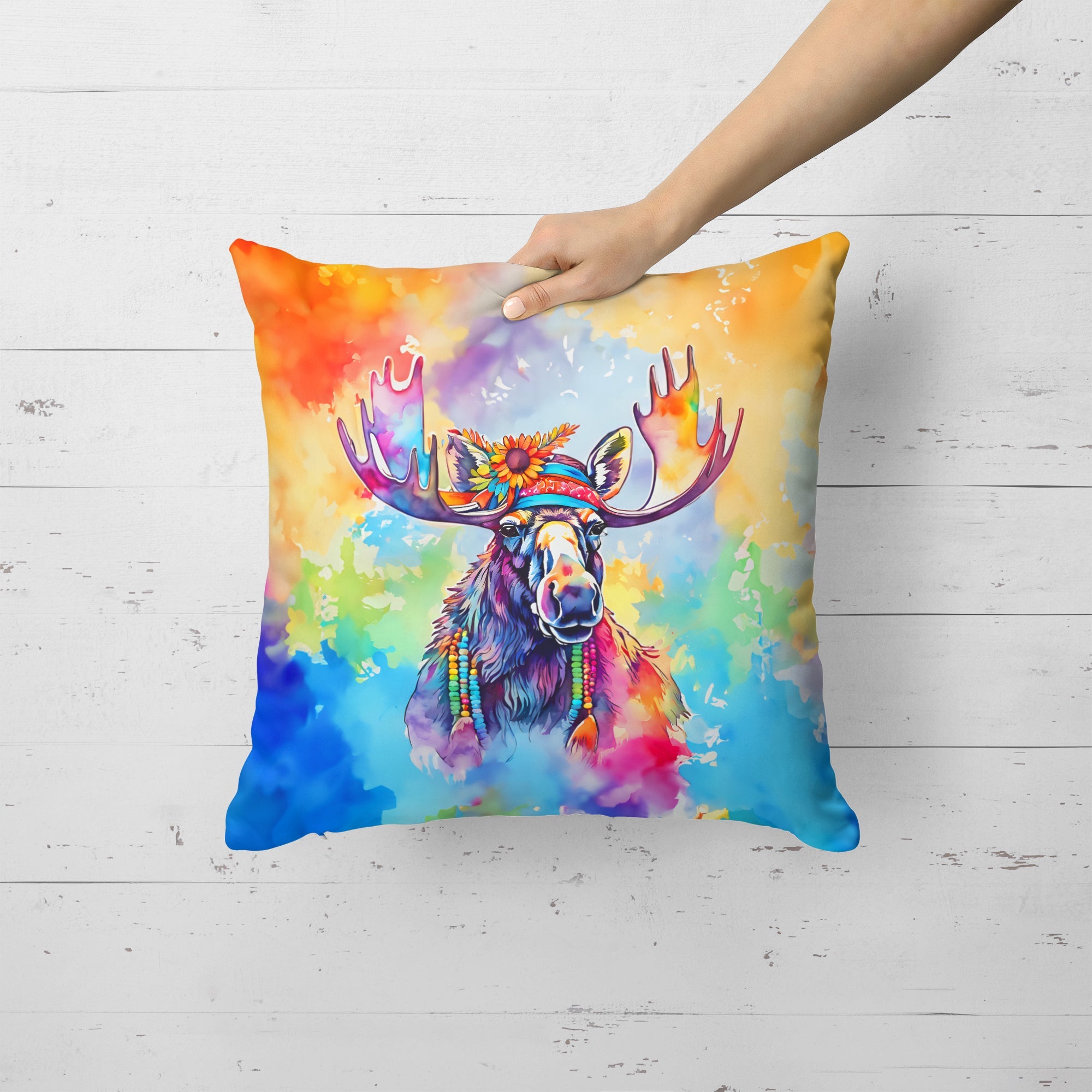 Hippie Animal Moose Decorative Throw Pillow 18x18 Indoor Outdoor Accent Cushion, Fabric Cover with Insert for Sofa, Bed, Porch & Living Room