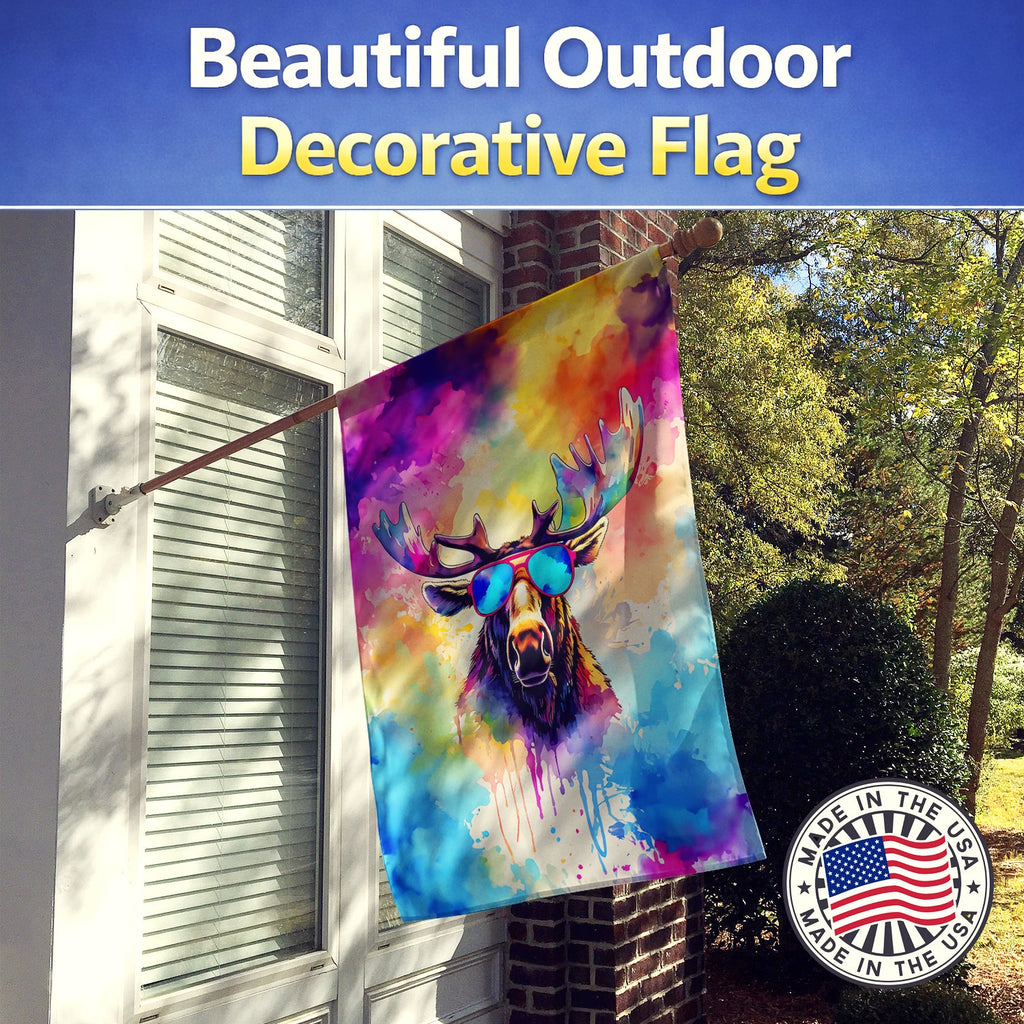 Hippie Animal Moose House Flag 28x40 Porch Sleeve Pole Decorative Outside Yard Banner Artwork Wall Hanging, Polyester