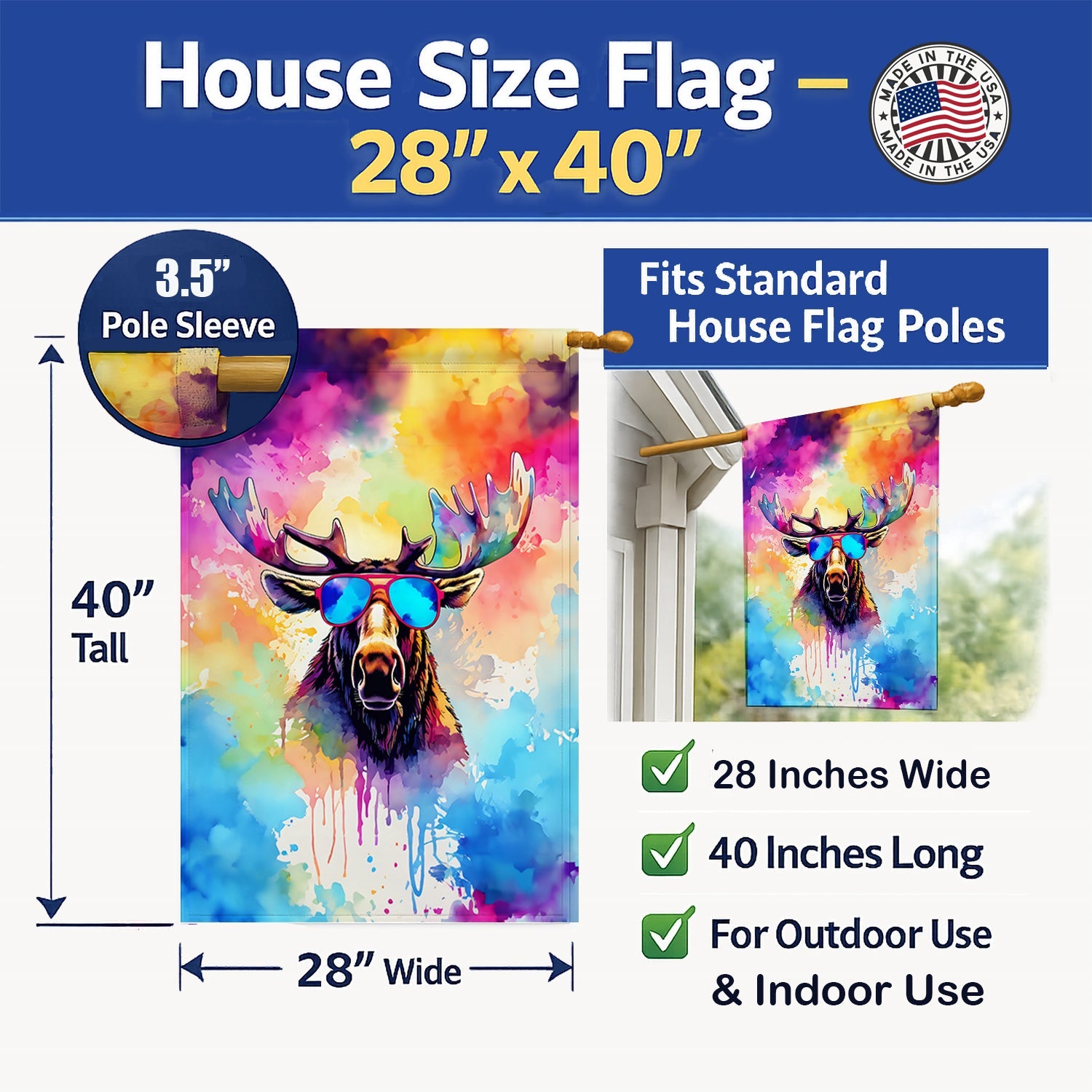 Hippie Animal Moose House Flag 28x40 Porch Sleeve Pole Decorative Outside Yard Banner Artwork Wall Hanging, Polyester