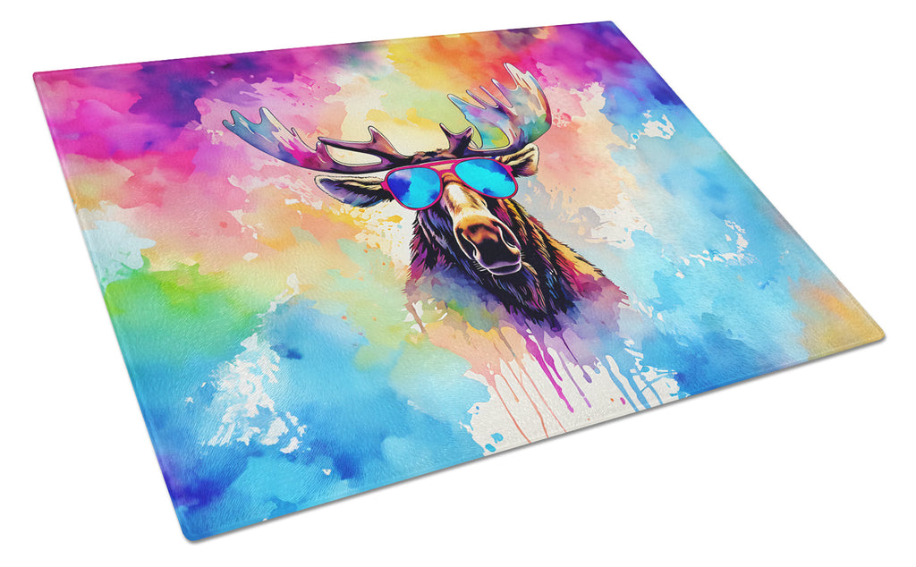 Hippie Animal Moose Cutting Board Tempered Glass Kitchen Cutting Surface, Heat Resistant Chopping, Non-Slip Feet, Food Prep & Serving