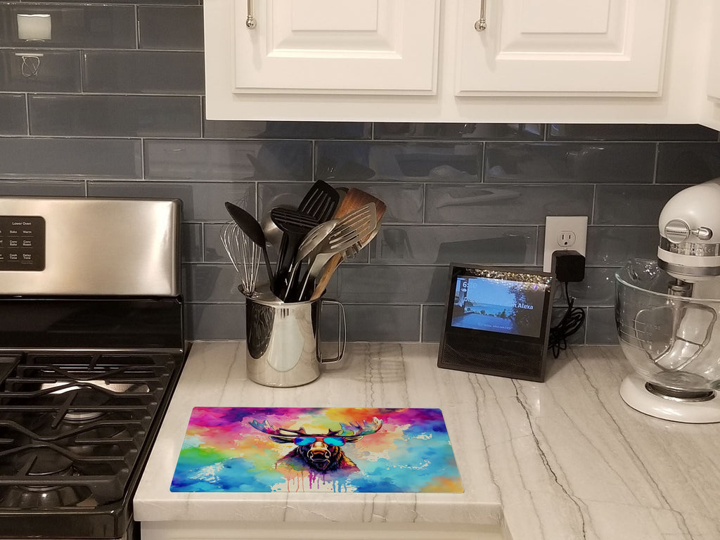 Hippie Animal Moose Cutting Board Tempered Glass Kitchen Cutting Surface, Heat Resistant Chopping, Non-Slip Feet, Food Prep & Serving