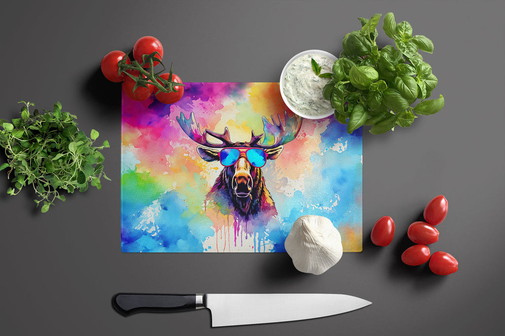 Hippie Animal Moose Cutting Board Tempered Glass Kitchen Cutting Surface, Heat Resistant Chopping, Non-Slip Feet, Food Prep & Serving