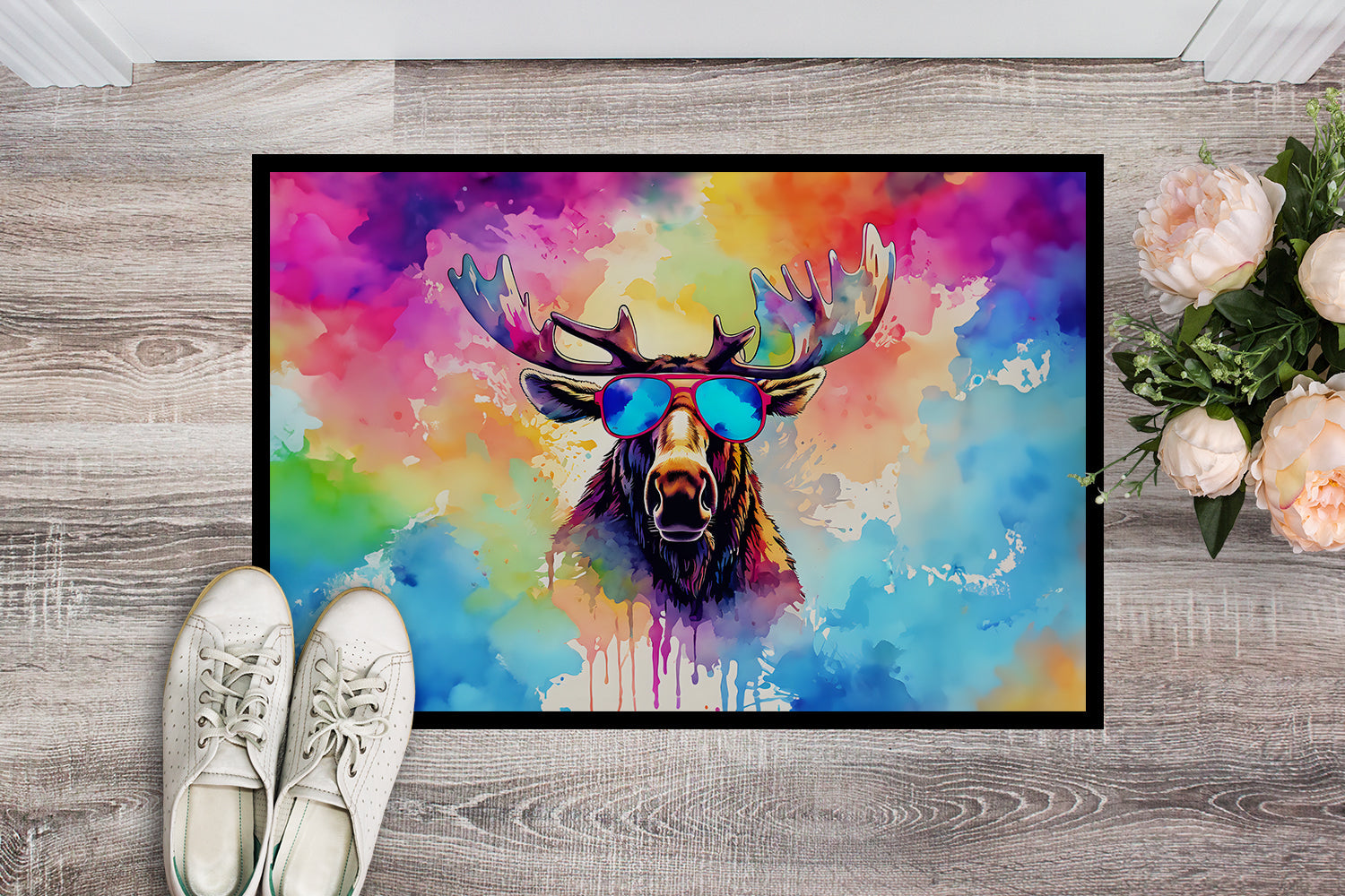 Hippie Animal Moose Doormat Indoor Outdoor 18H X 27W Front Door Mat Rugs for Entryway, Non Slip Washable