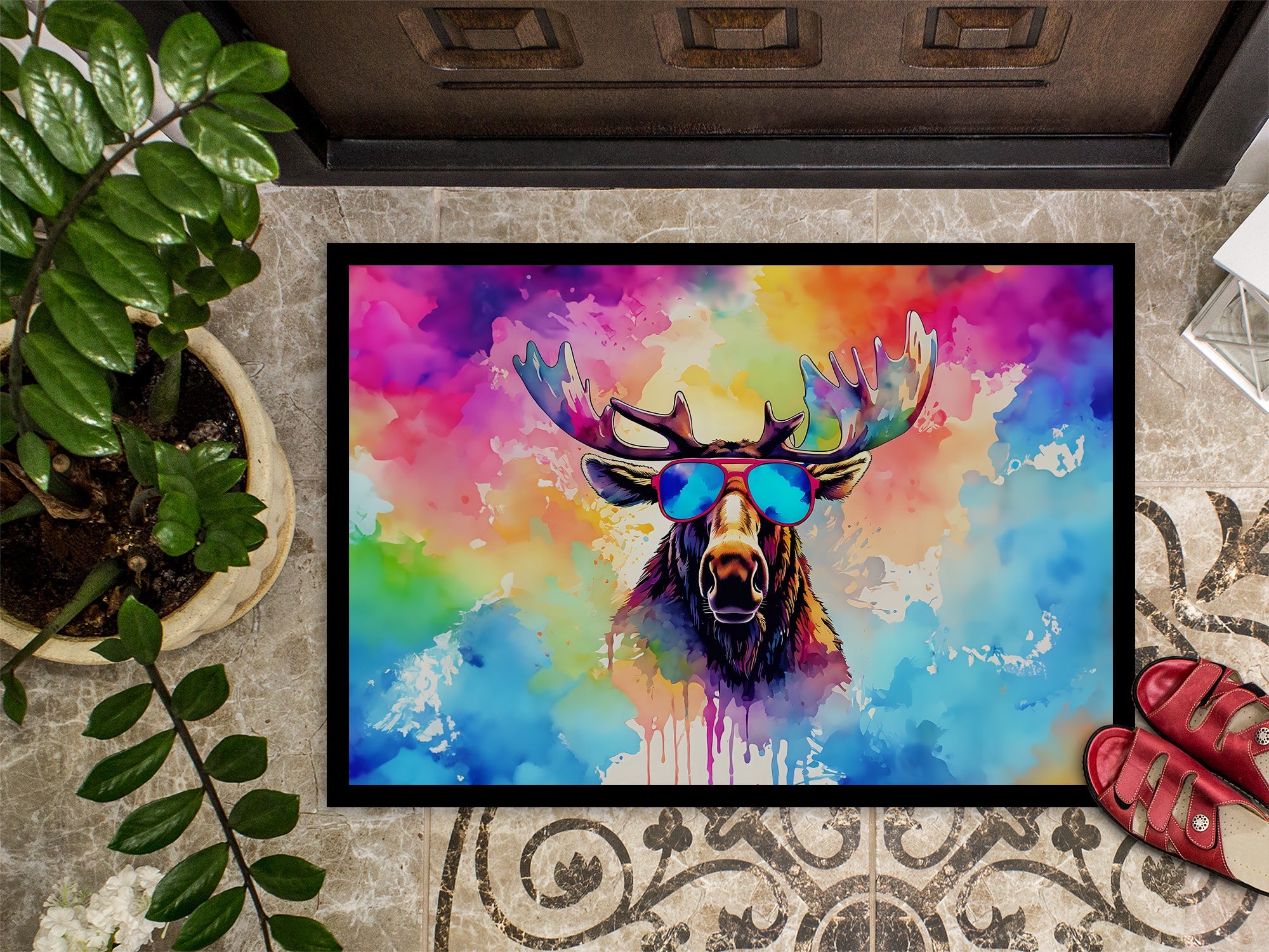 Hippie Animal Moose Doormat Indoor Outdoor 18H X 27W Front Door Mat Rugs for Entryway, Non Slip Washable