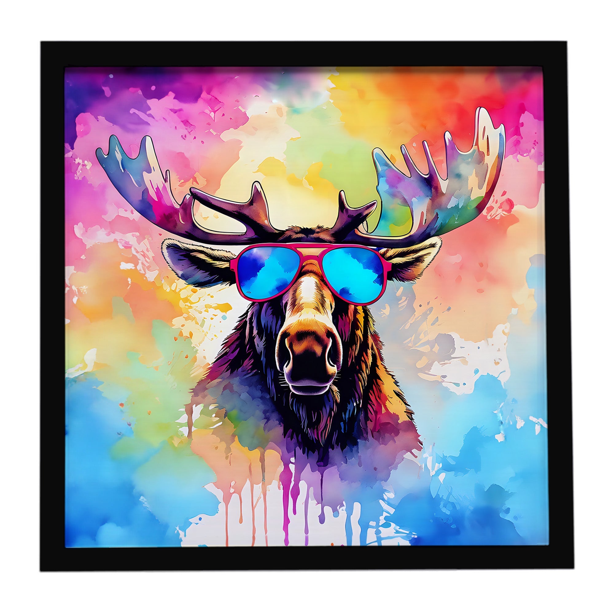 Hippie Animal Moose Framed Metal Print Bathroom, Kitchen, Office, Home Decor Wall Art Ready to Hang, Square, 8X8