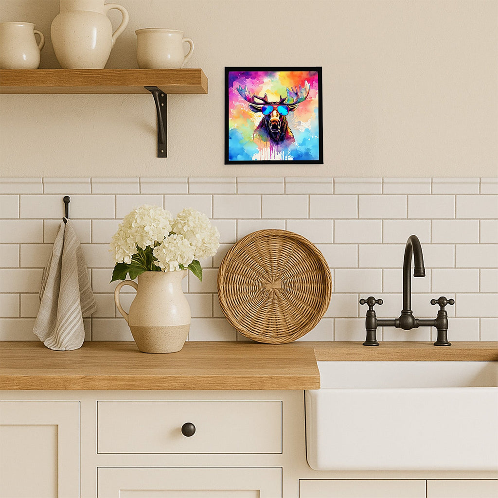 Hippie Animal Moose Framed Metal Print Bathroom, Kitchen, Office, Home Decor Wall Art Ready to Hang, Square, 8X8