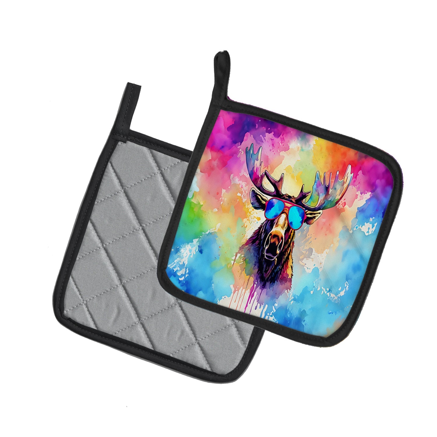 Hippie Animal Moose Pot Holder Set of 2 Heat Resistant Quilted Hot Pads 7.5 x 7.5 Inch, Insulated Kitchen Trivets for Cooking & Baking