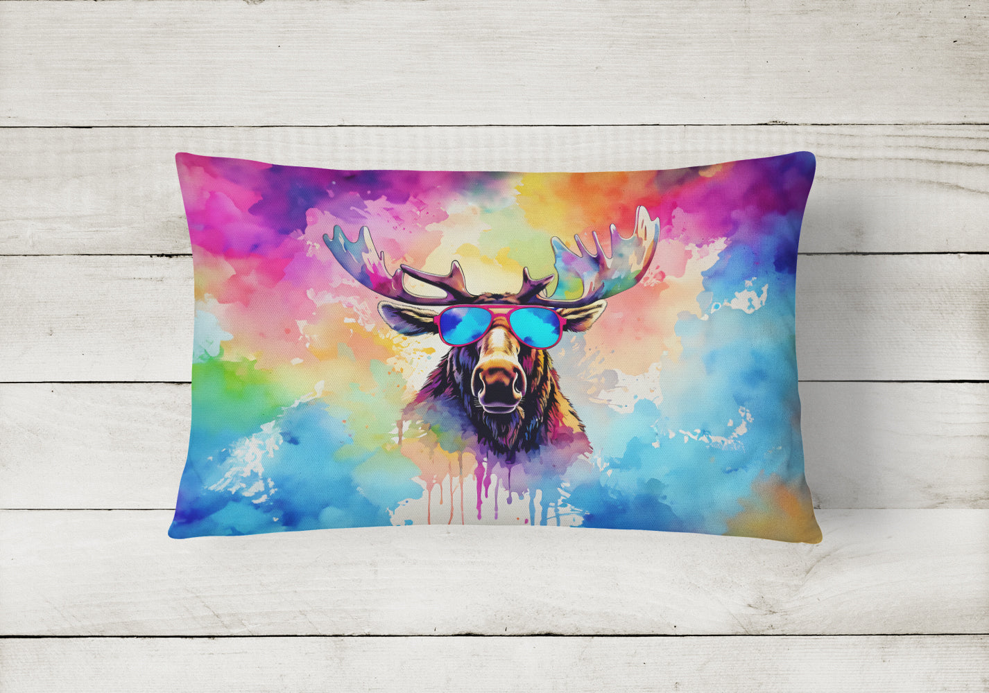 Hippie Animal Moose Decorative Throw Pillow 12x16 Indoor Outdoor Accent Cushion, Fabric Cover with Insert for Sofa, Bed, Porch & Living Room
