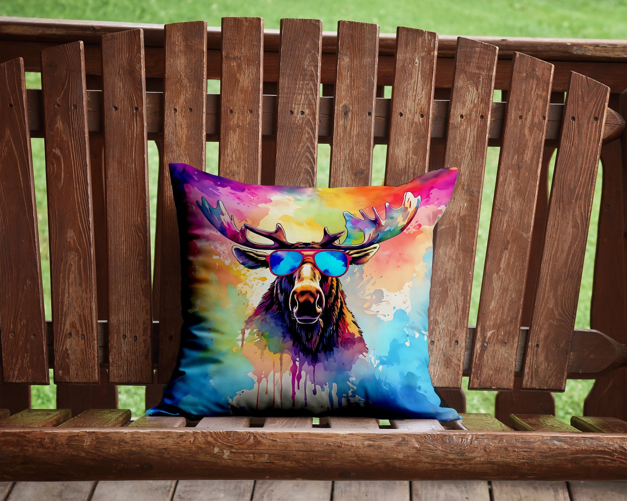 Hippie Animal Moose Decorative Throw Pillow 14x14 Indoor Outdoor Accent Cushion, Fabric Cover with Insert for Sofa, Bed, Porch & Living Room