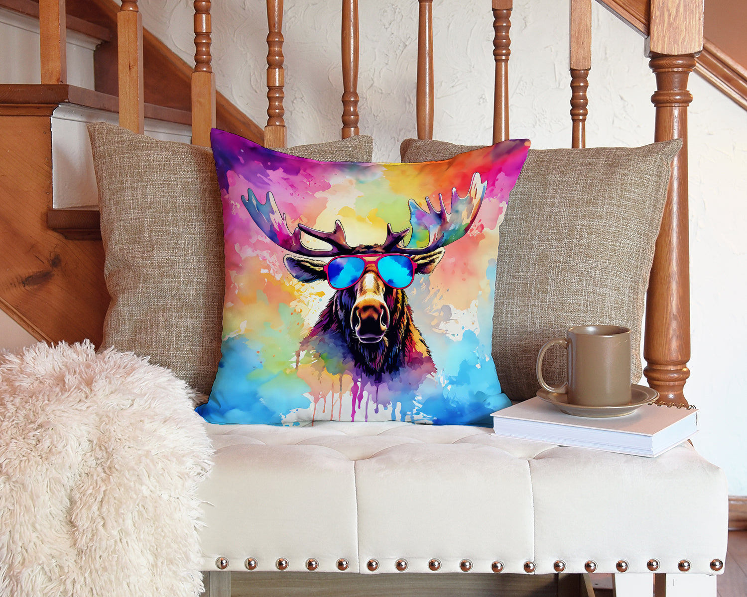 Hippie Animal Moose Decorative Throw Pillow 14x14 Indoor Outdoor Accent Cushion, Fabric Cover with Insert for Sofa, Bed, Porch & Living Room