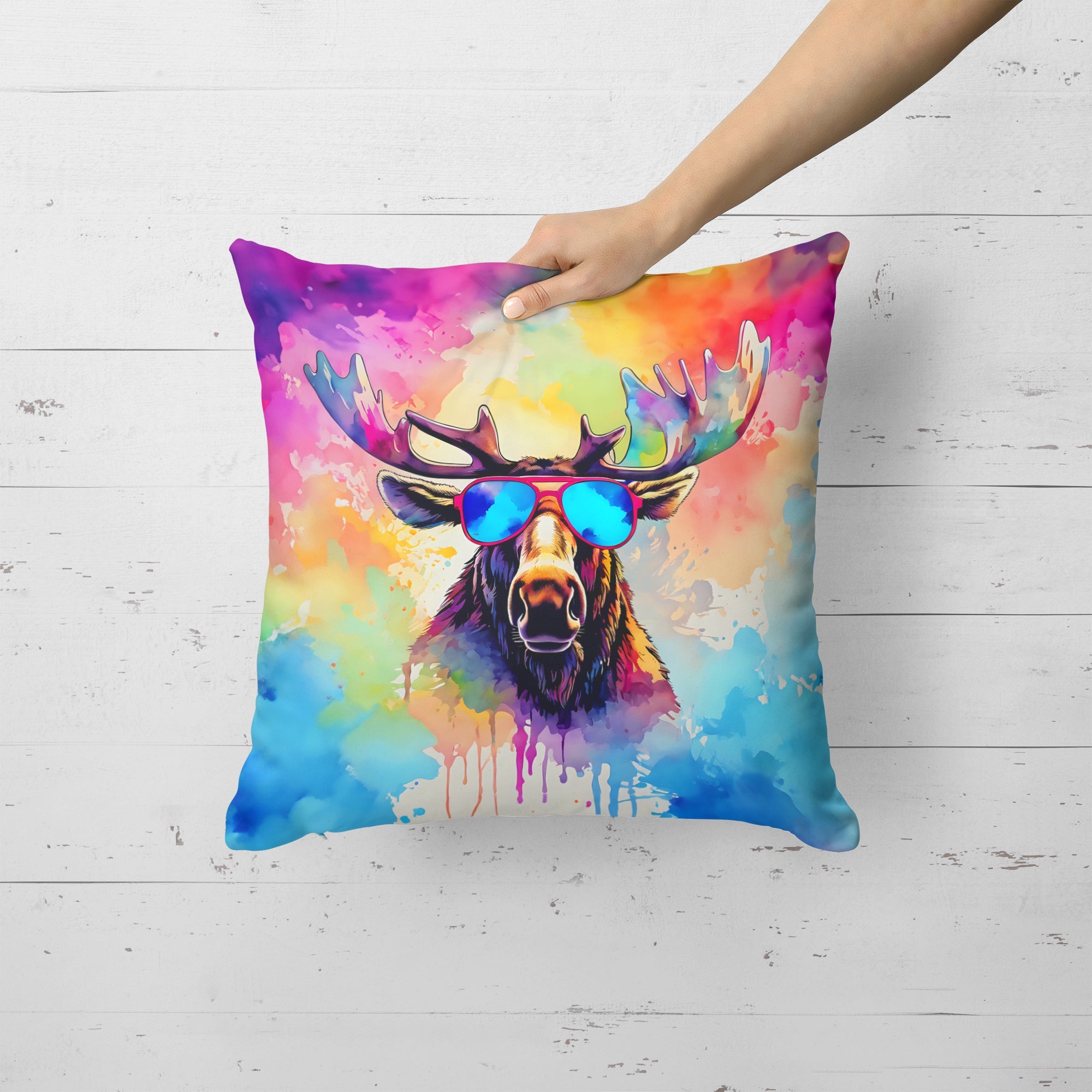 Hippie Animal Moose Decorative Throw Pillow 18x18 Indoor Outdoor Accent Cushion, Fabric Cover with Insert for Sofa, Bed, Porch & Living Room