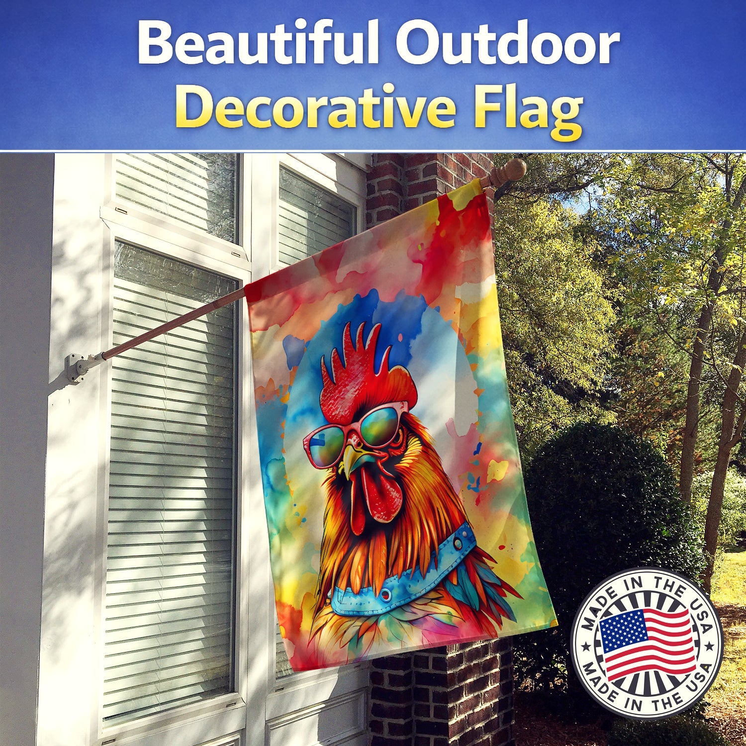 Hippie Animal Red Rooster House Flag 28x40 Porch Sleeve Pole Decorative Outside Yard Banner Artwork Wall Hanging, Polyester
