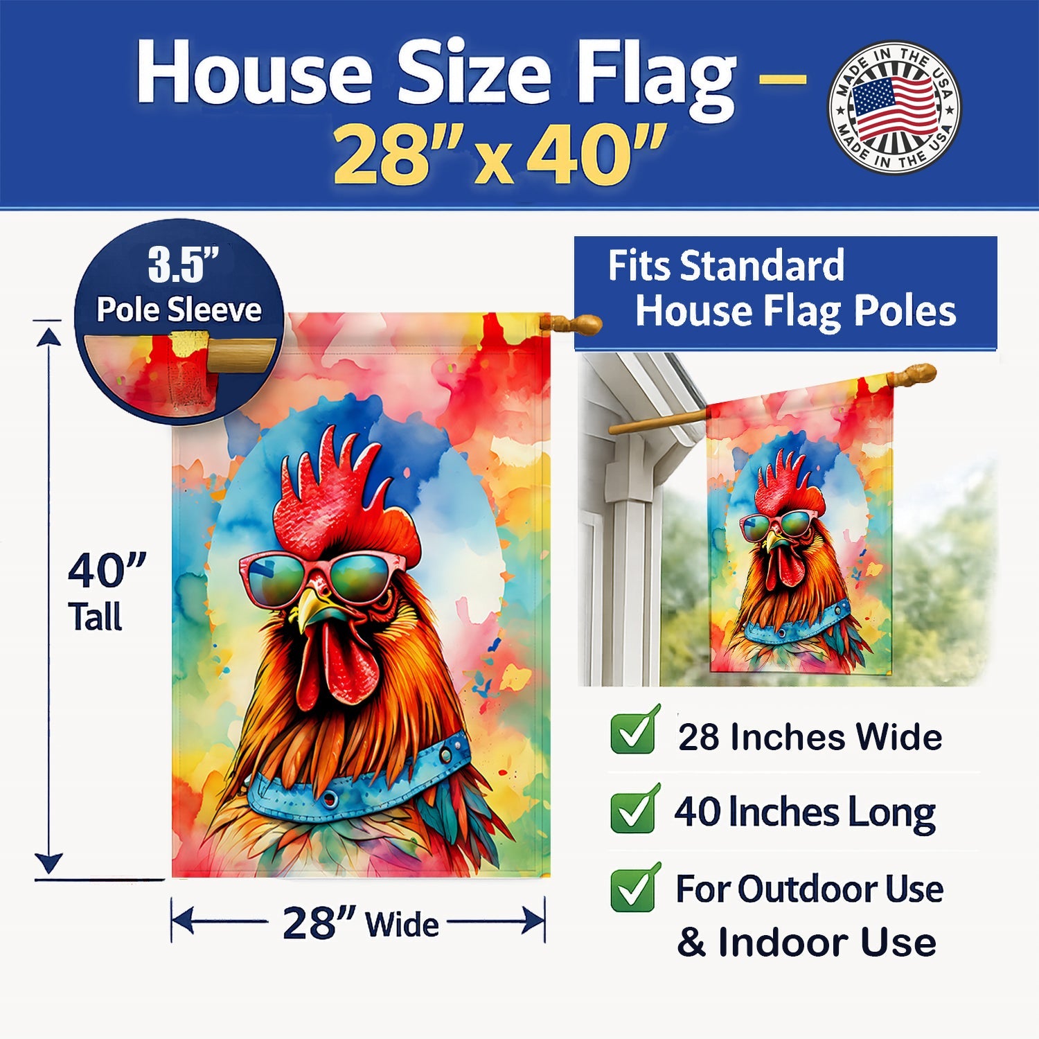 Hippie Animal Red Rooster House Flag 28x40 Porch Sleeve Pole Decorative Outside Yard Banner Artwork Wall Hanging, Polyester