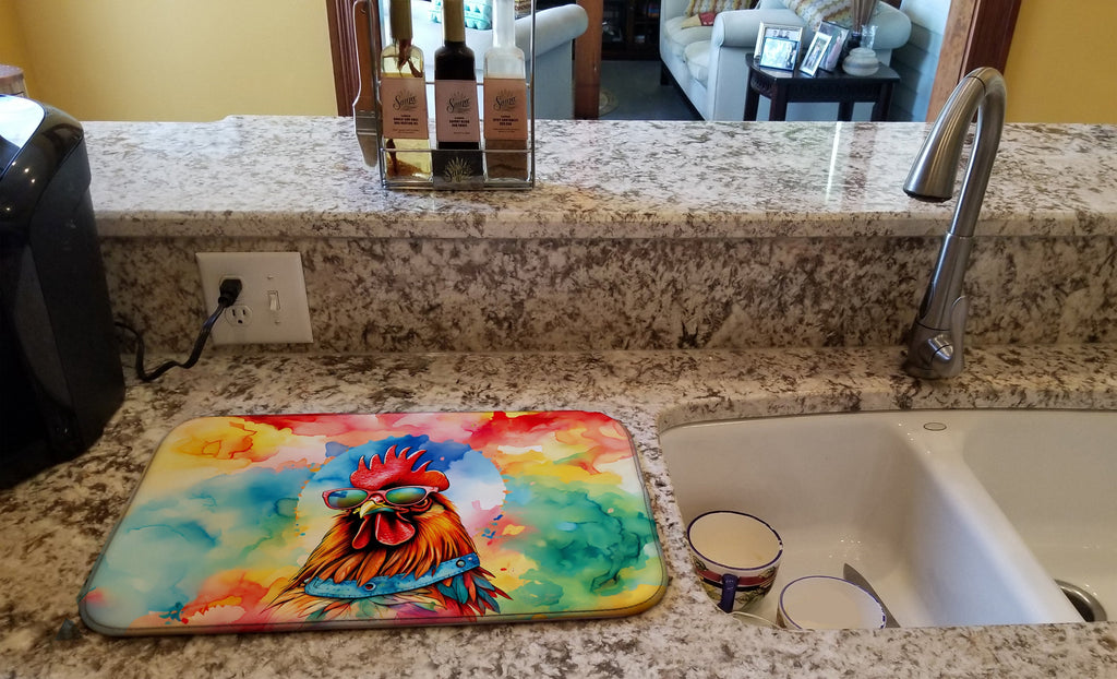 Hippie Animal Red Rooster Dish Drying Mat Absorbent Dish Drying Mat Pad for Kitchen Counter Dish Drainer Mat for Countertop, 14 x 21", Multicolor
