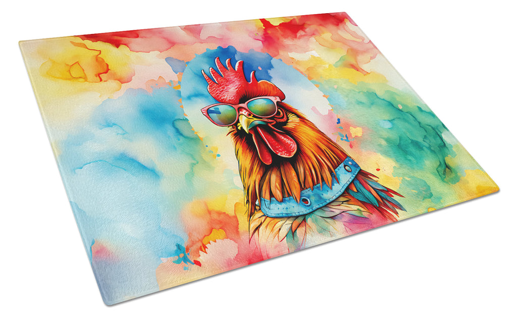 Hippie Animal Red Rooster Cutting Board Tempered Glass Kitchen Cutting Surface, Heat Resistant Chopping, Non-Slip Feet, Food Prep & Serving