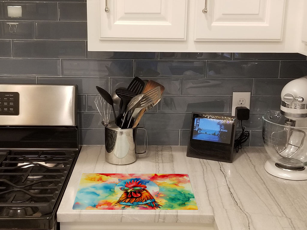 Hippie Animal Red Rooster Cutting Board Tempered Glass Kitchen Cutting Surface, Heat Resistant Chopping, Non-Slip Feet, Food Prep & Serving