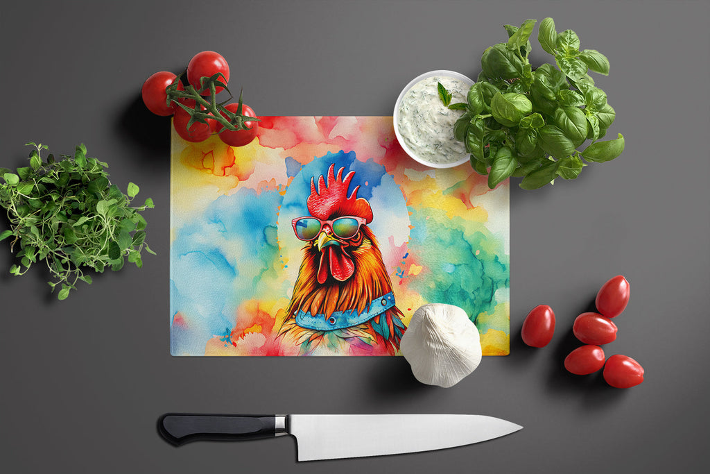 Hippie Animal Red Rooster Cutting Board Tempered Glass Kitchen Cutting Surface, Heat Resistant Chopping, Non-Slip Feet, Food Prep & Serving