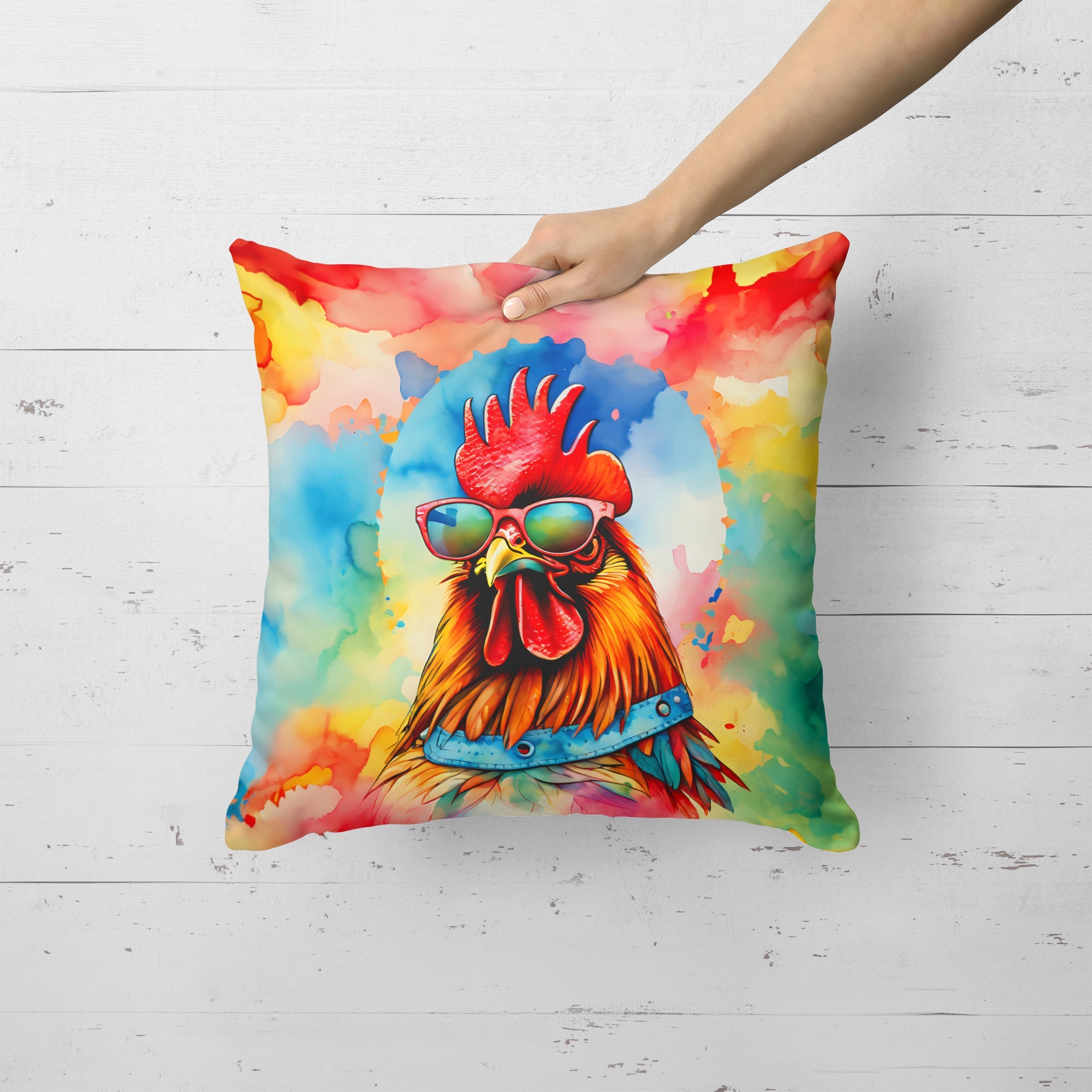 Hippie Animal Red Rooster Decorative Throw Pillow 18x18 Indoor Outdoor Accent Cushion, Fabric Cover with Insert for Sofa, Bed, Porch & Living Room