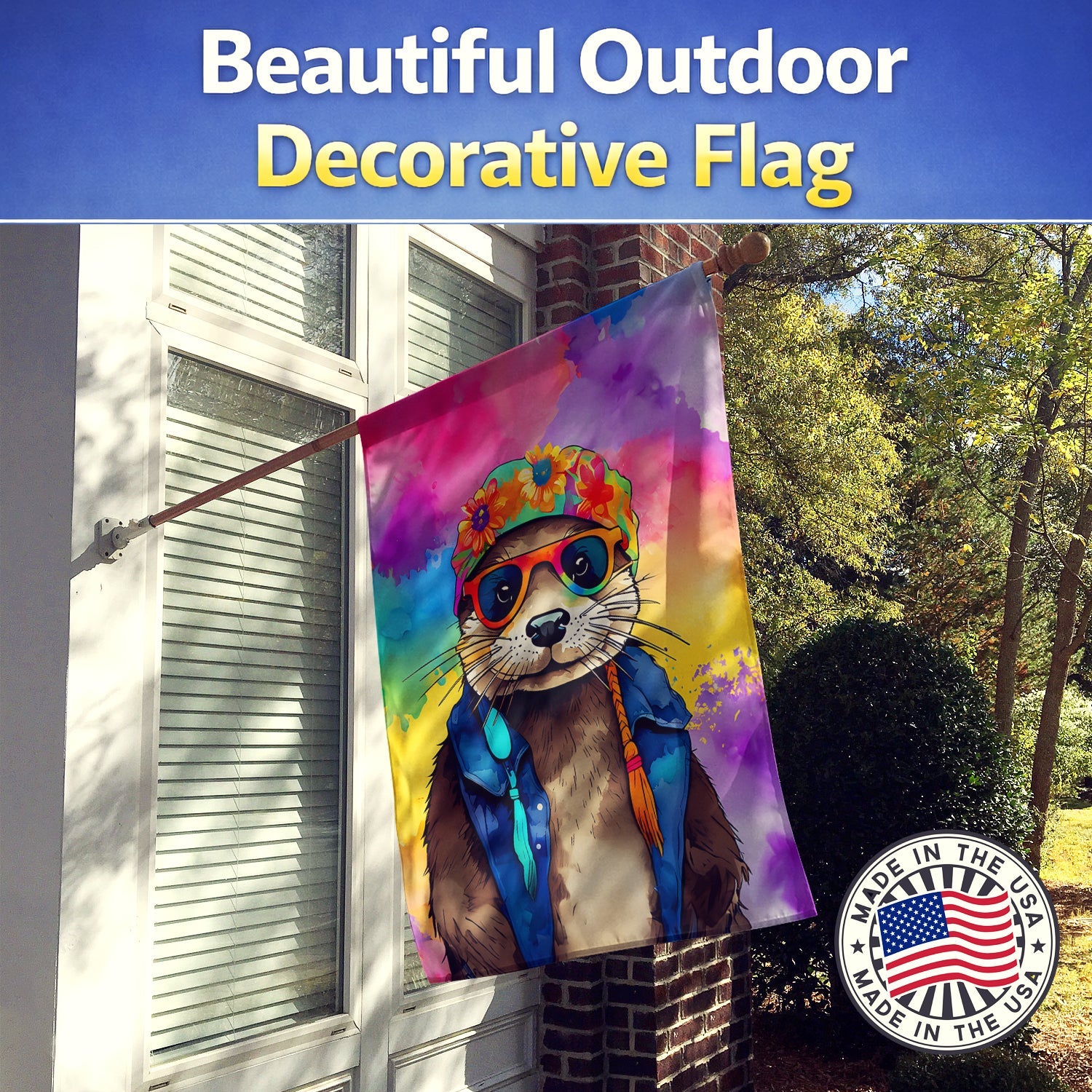 Hippie Animal Otter House Flag 28x40 Porch Sleeve Pole Decorative Outside Yard Banner Artwork Wall Hanging, Polyester