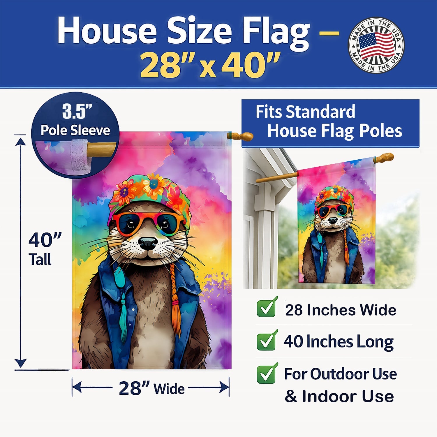 Hippie Animal Otter House Flag 28x40 Porch Sleeve Pole Decorative Outside Yard Banner Artwork Wall Hanging, Polyester