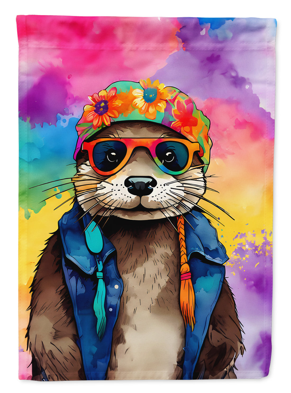 Hippie Animal Otter House Flag 28x40 Porch Sleeve Pole Decorative Outside Yard Banner Artwork Wall Hanging, Polyester