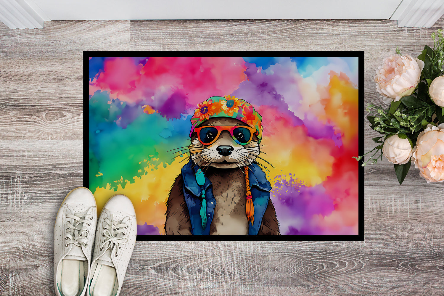 Hippie Animal Otter Doormat Indoor Outdoor 24H X 36W Front Door Mat Rugs for Entryway, Non Slip Washable Low Pile,