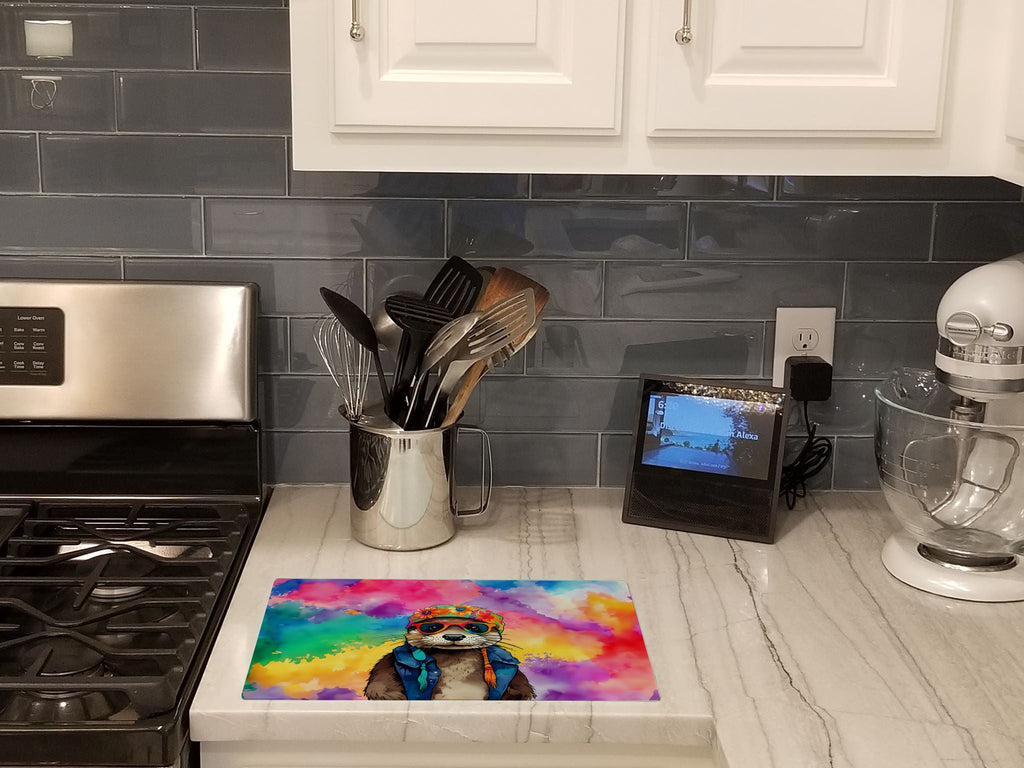 Hippie Animal Otter Cutting Board Tempered Glass Kitchen Cutting Surface, Heat Resistant Chopping, Non-Slip Feet, Food Prep & Serving
