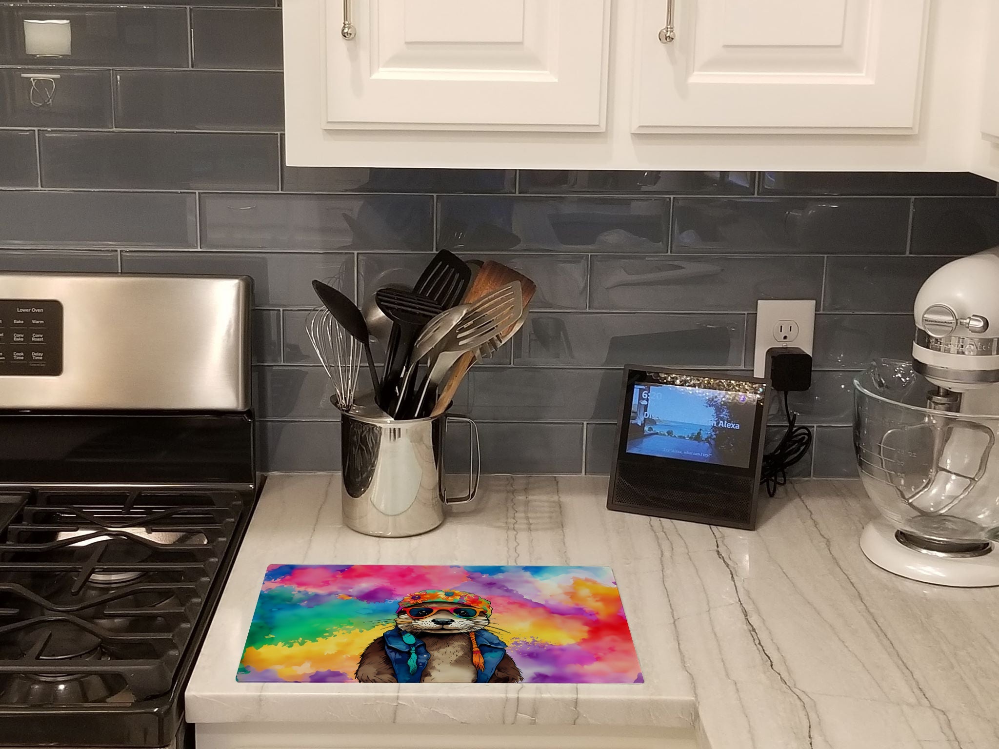 Hippie Animal Otter Cutting Board Tempered Glass Kitchen Cutting Surface, Heat Resistant Chopping, Non-Slip Feet, Food Prep & Serving