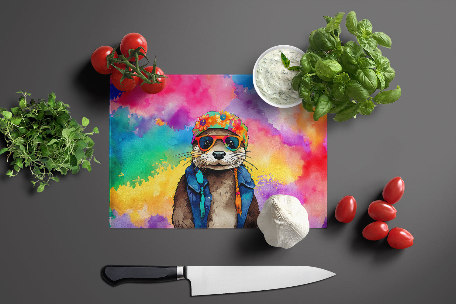 Hippie Animal Otter Cutting Board Tempered Glass Kitchen Cutting Surface, Heat Resistant Chopping, Non-Slip Feet, Food Prep & Serving