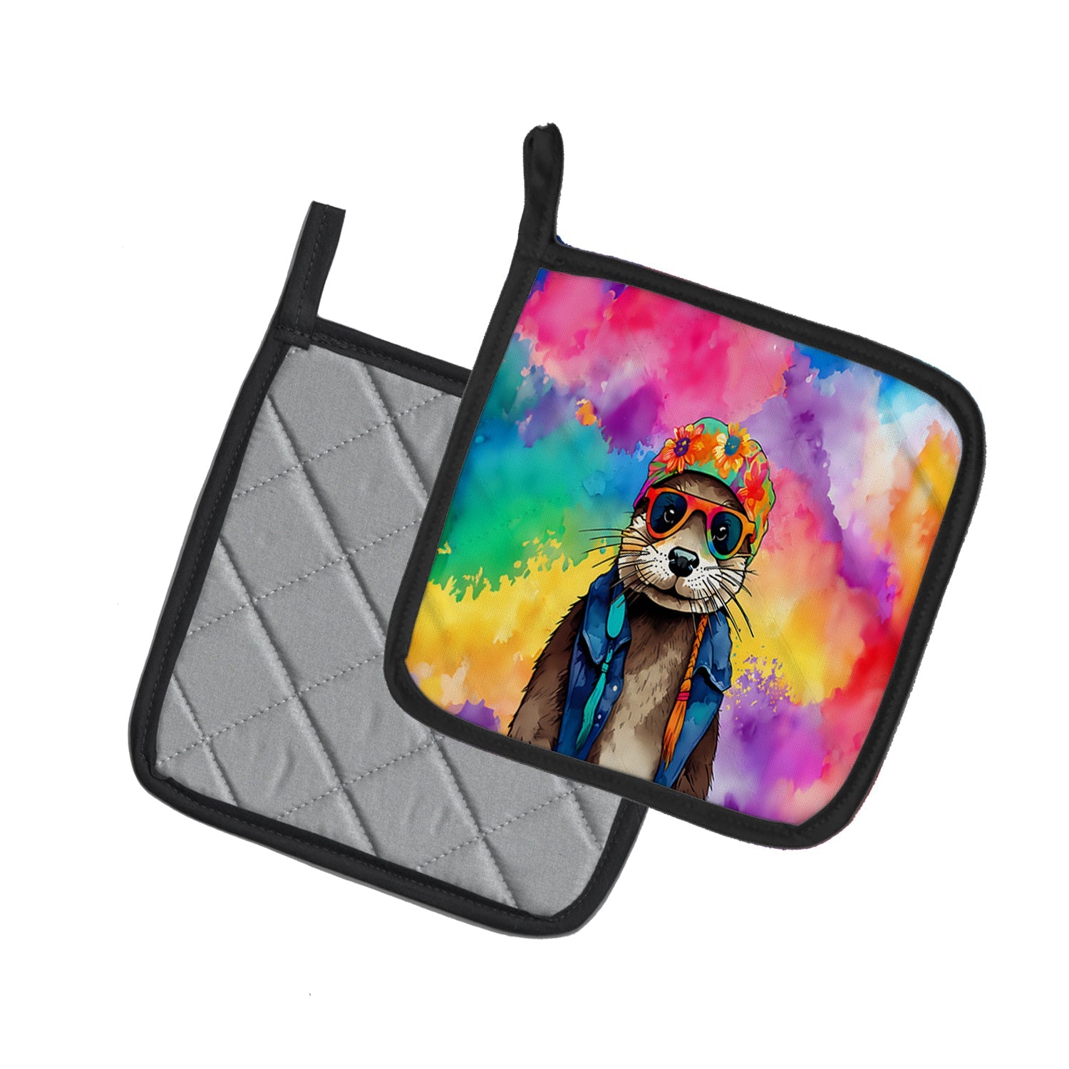 Hippie Animal Otter Pot Holder Set of 2 Heat Resistant Quilted Hot Pads 7.5 x 7.5 Inch, Insulated Kitchen Trivets for Cooking & Baking
