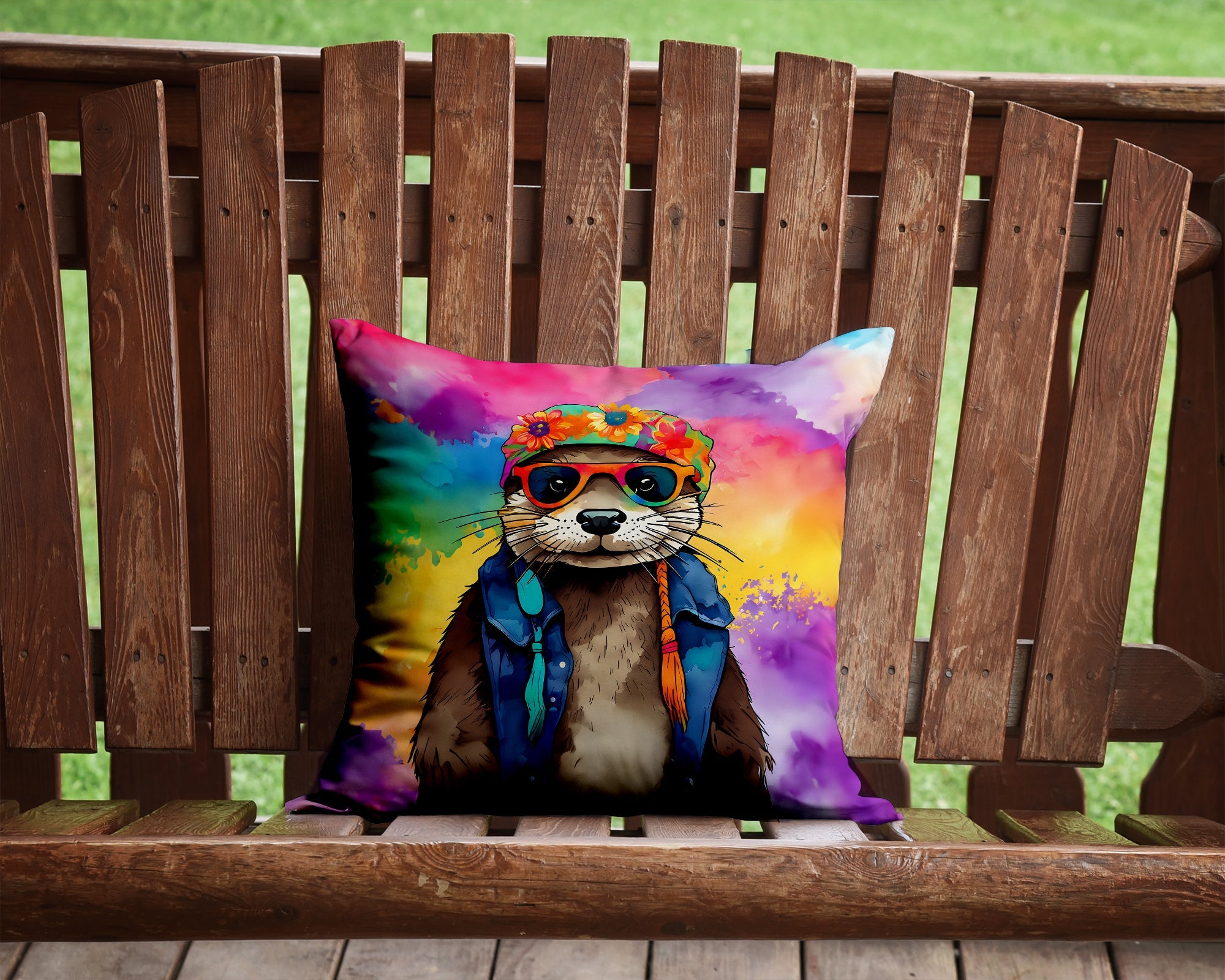 Hippie Animal Otter Decorative Throw Pillow 14x14 Indoor Outdoor Accent Cushion, Fabric Cover with Insert for Sofa, Bed, Porch & Living Room