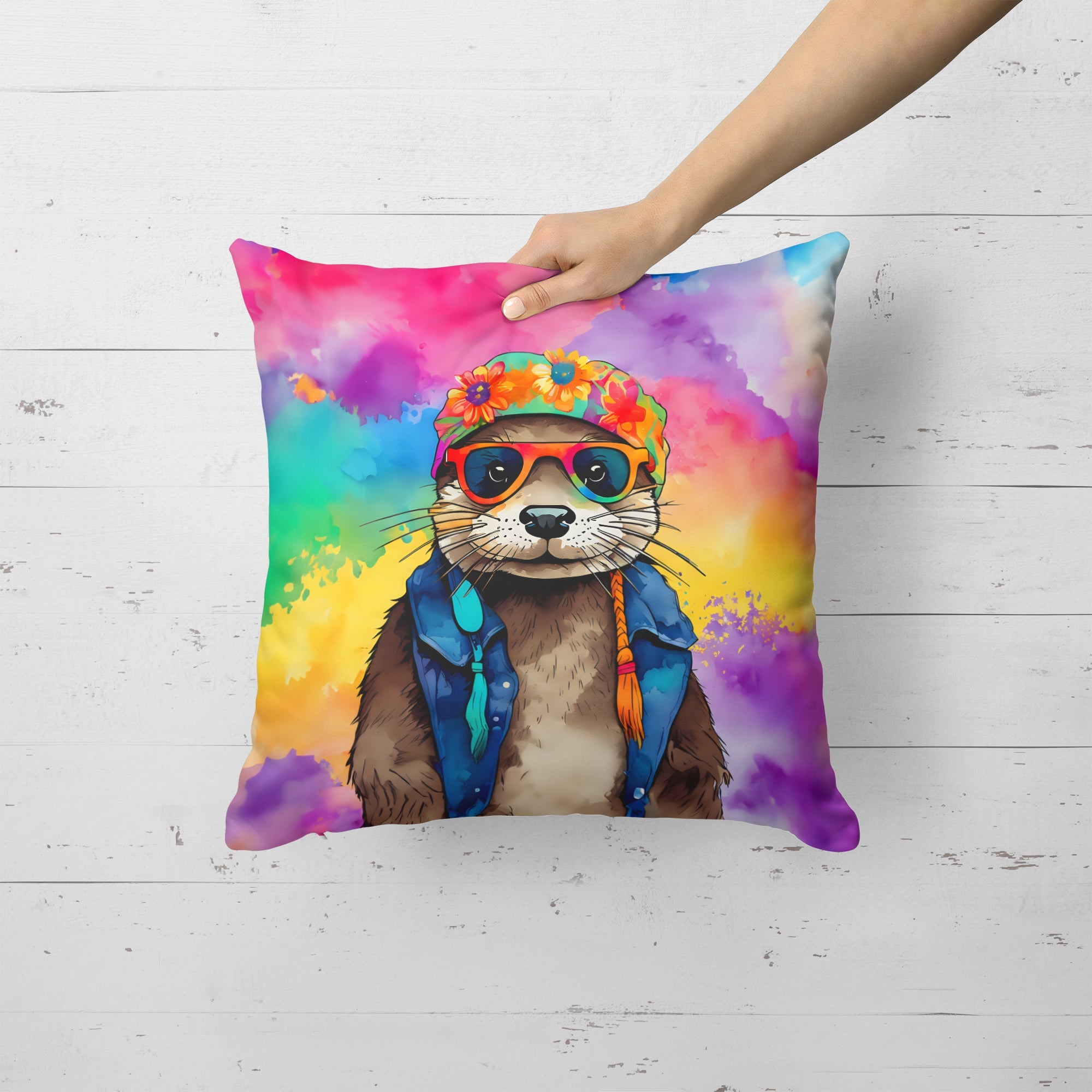 Hippie Animal Otter Decorative Throw Pillow 18x18 Indoor Outdoor Accent Cushion, Fabric Cover with Insert for Sofa, Bed, Porch & Living Room