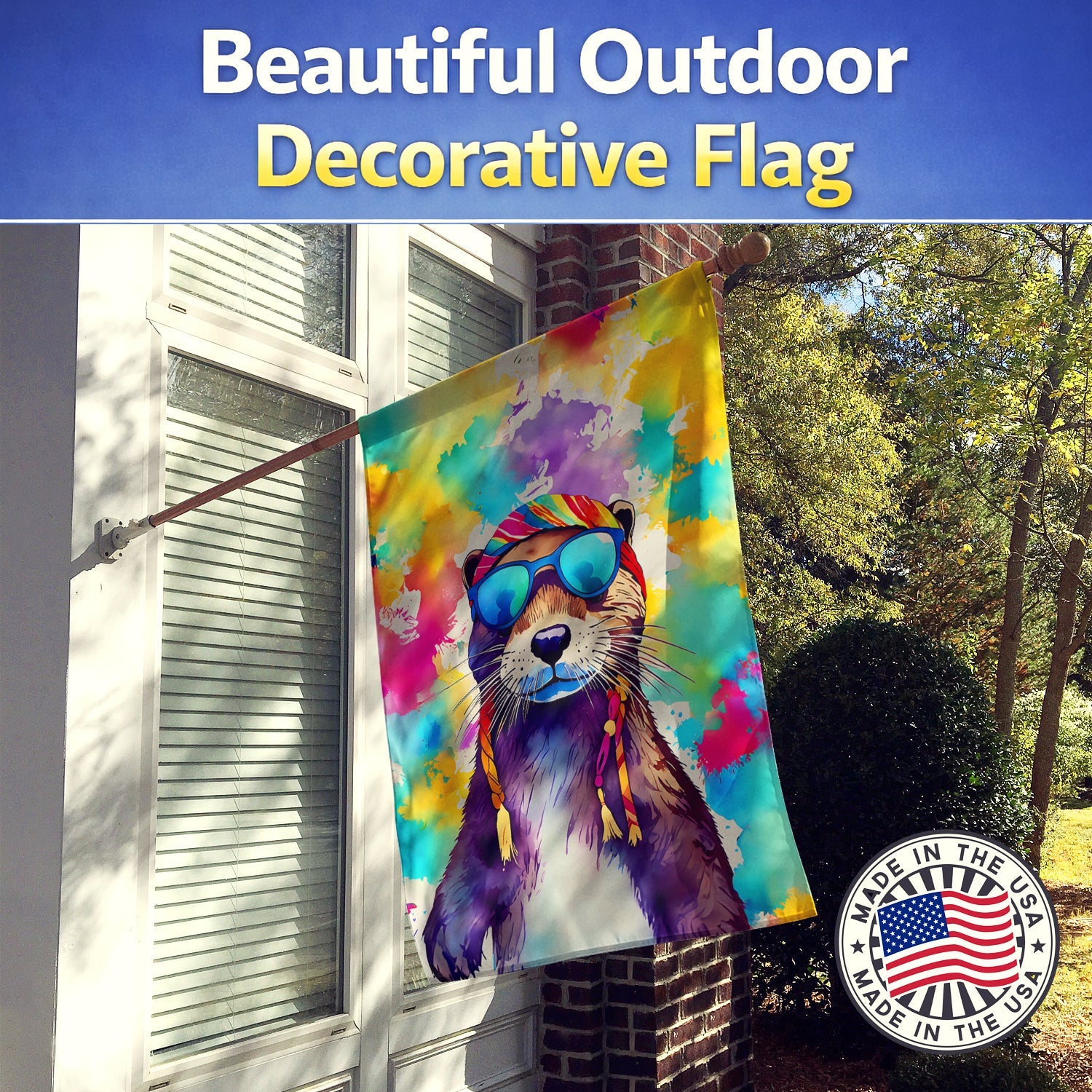 Hippie Animal Otter House Flag 28x40 Porch Sleeve Pole Decorative Outside Yard Banner Artwork Wall Hanging, Polyester