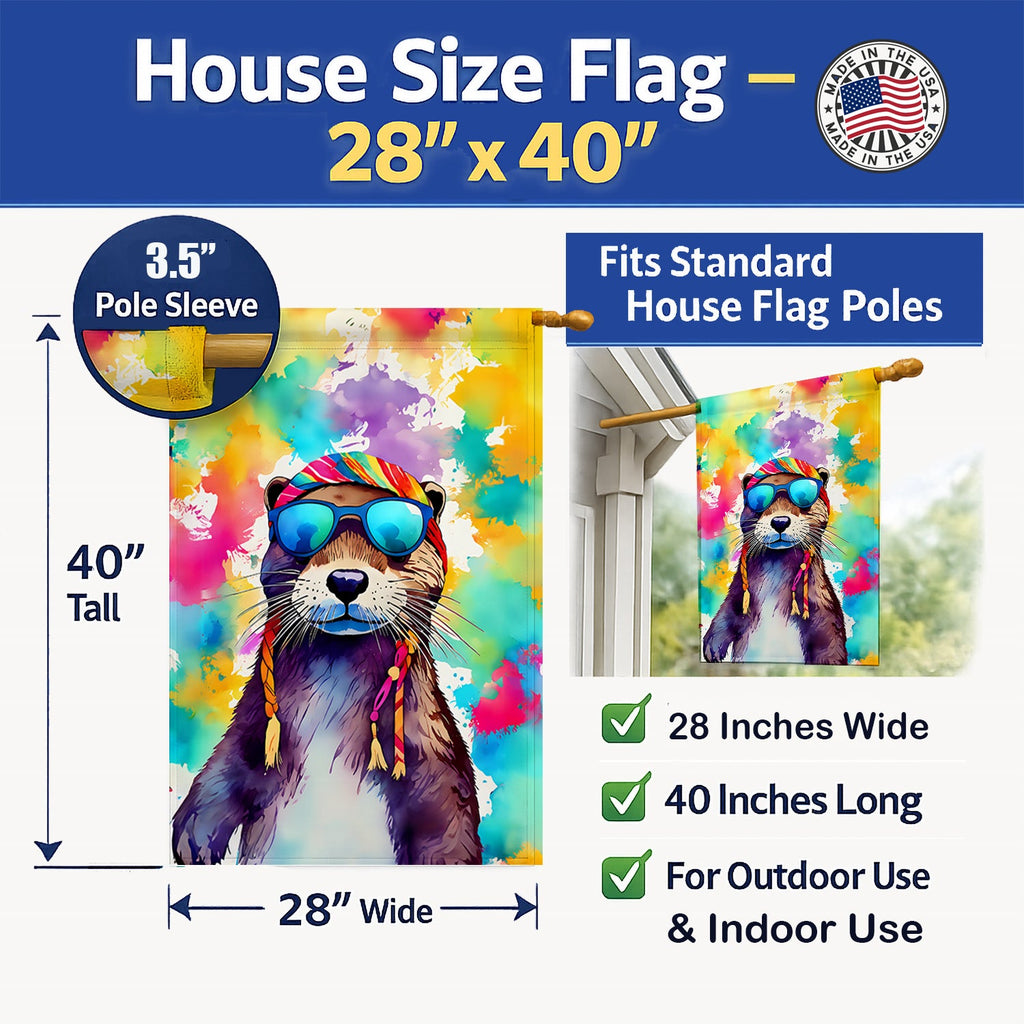 Hippie Animal Otter House Flag 28x40 Porch Sleeve Pole Decorative Outside Yard Banner Artwork Wall Hanging, Polyester